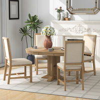 5 Piece Dining Set Extendable Round Table And 4 Upholstered Chairs Farmhouse Dining Set For Kitchen, Dining Room Natural Wood Wash Natural Wood Wash Solid Wood Mdf