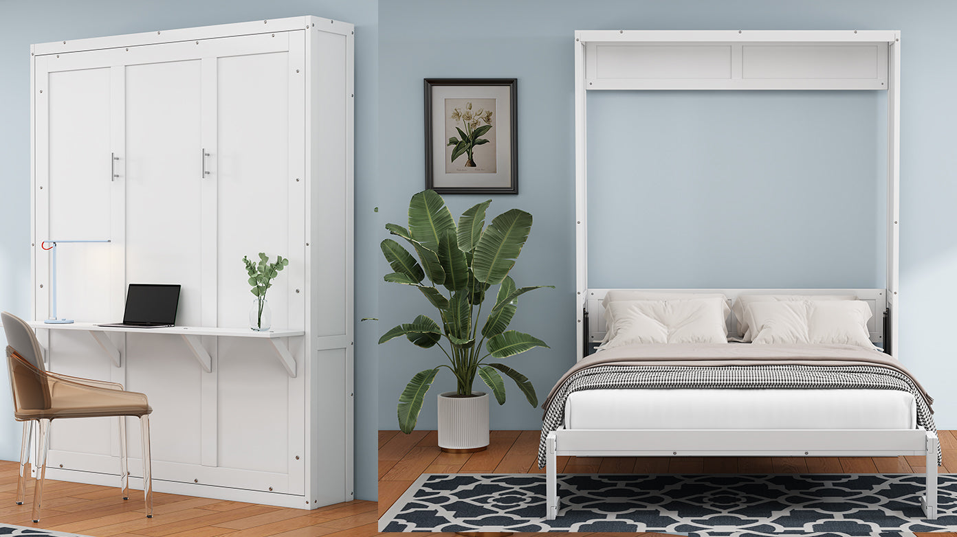 Full Size Murphy Bed,61.5 Inch Cabinet Bed Folding Wall Bed With Desk Combo Perfect For Guest Room, Study, Office, White Old Sku:Bs311609Aac Box Spring Not Required Full White Wood White Pine Murphy Solid Wood Mdf