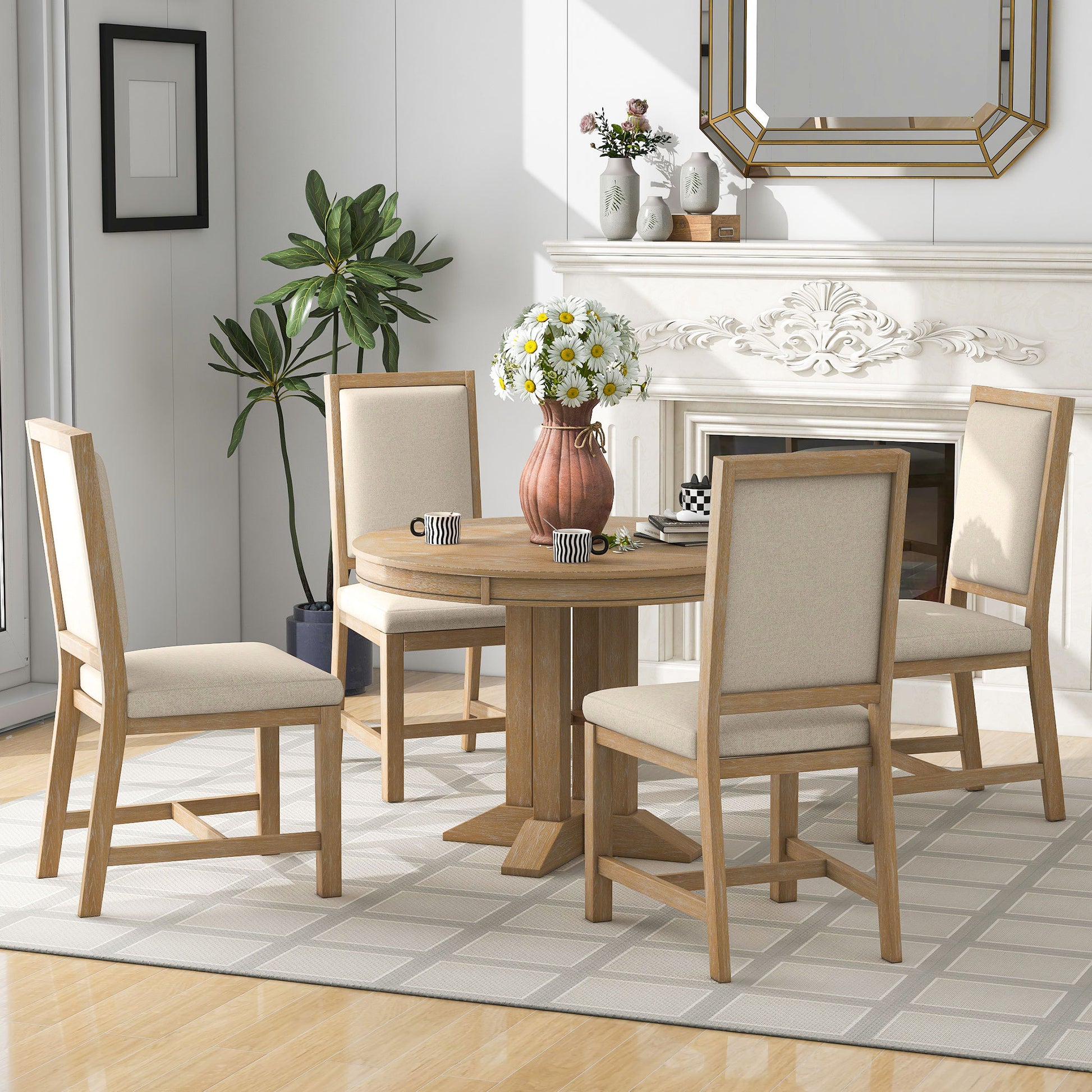 5 Piece Dining Set Extendable Round Table And 4 Upholstered Chairs Farmhouse Dining Set For Kitchen, Dining Room Natural Wood Wash Natural Wood Wash Solid Wood Mdf