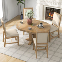 5 Piece Dining Set Extendable Round Table And 4 Upholstered Chairs Farmhouse Dining Set For Kitchen, Dining Room Natural Wood Wash Natural Wood Wash Solid Wood Mdf