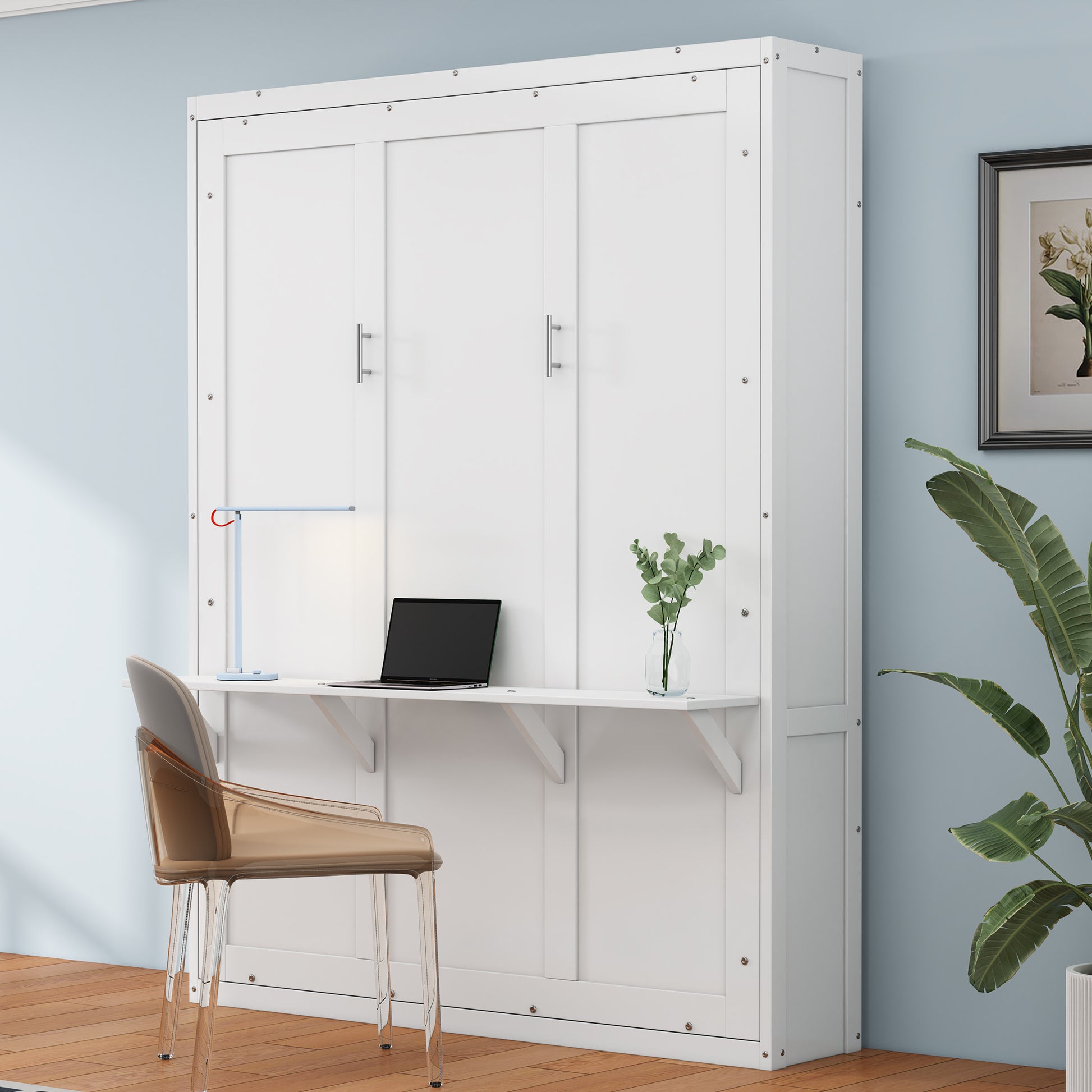 Full Size Murphy Bed,61.5 Inch Cabinet Bed Folding Wall Bed With Desk Combo Perfect For Guest Room, Study, Office, White Old Sku:Bs311609Aac Box Spring Not Required Full White Wood White Pine Murphy Solid Wood Mdf