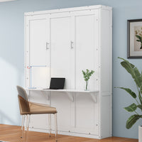 Full Size Murphy Bed,61.5 Inch Cabinet Bed Folding Wall Bed With Desk Combo Perfect For Guest Room, Study, Office, White Old Sku:Bs311609Aac Box Spring Not Required Full White Wood White Pine Murphy Solid Wood Mdf