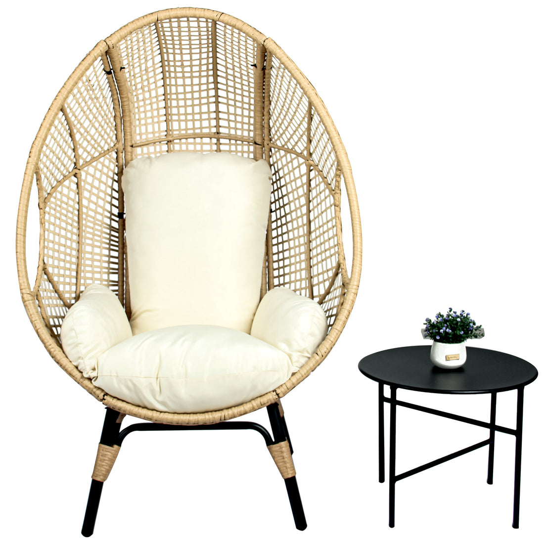 Patio Pe Wicker Egg Chair Model 4 With Natural Color Rattan Beige Cushion And Side Table Yes Natural Foam Steel