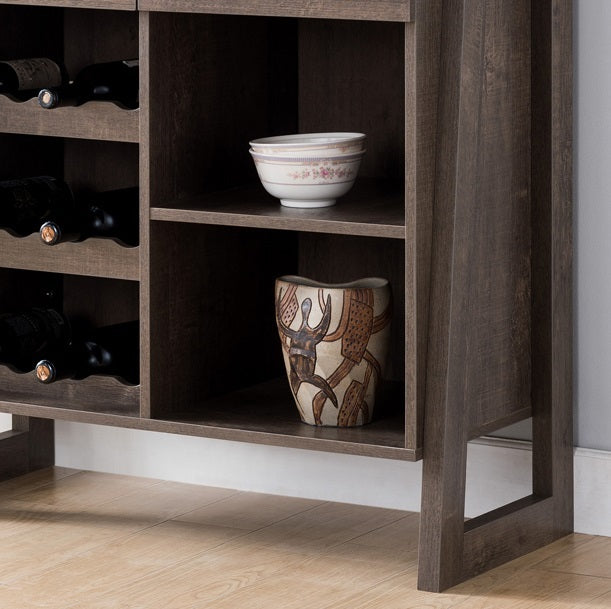 Wine Display Cabinet, Wine Rack With Multi Storage &Three Wine Bottle Compartments In Walnut Oak Grey Particle Board