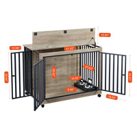Furniture Style Dog Crate Side Table With Feeding Bowl, Wheels, Three Doors, Flip Up Top Opening. Indoor, Grey, 43.7"W X 30"D X 33.7"H Grey Particle Board