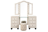 Sophia Crystal Tufted Queen 5 Pc Vanity Bedroom Set Made With Wood In Cream Box Spring Not Required Queen Cream Wood 5 Piece Set Bedroom Contemporary,Modern Upholstered Velvet Tufted Wood