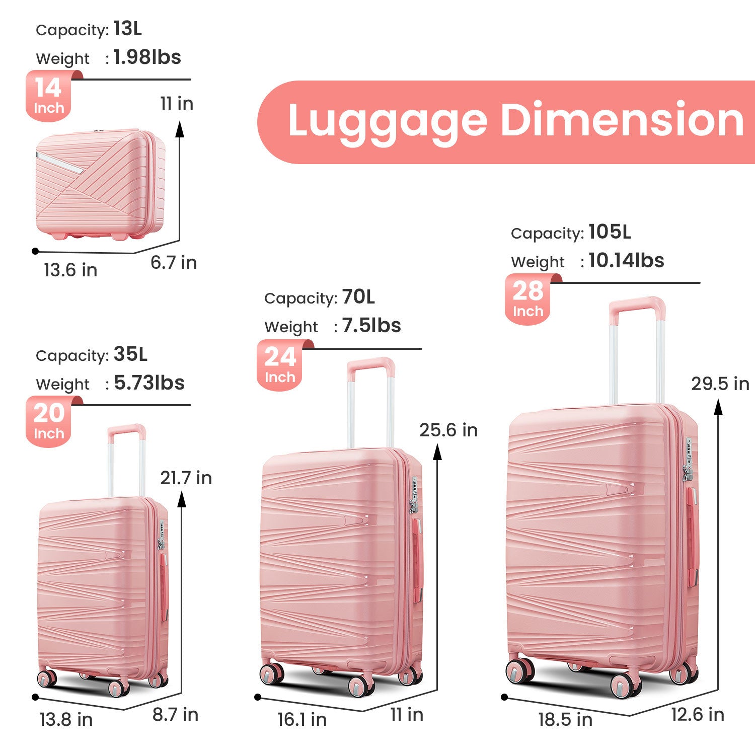 Luggage 4 Piece Sets 14 20 24 28 , Hard Shell Lightweight Tsa Lock Carry On Expandable Suitcase With Spinner Wheels Travel Set For Men Women Pink Polypropylene