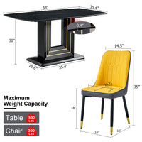 Table And Chair Set, 1 Table, 6 Pu Chairs. Black Imitation Marble Pattern Desktop. Black Mdf Table Legs. Chair With Orange Dark Gray Dual Tone Pu Leather Backrest And Black Metal Legs F Sq C 007