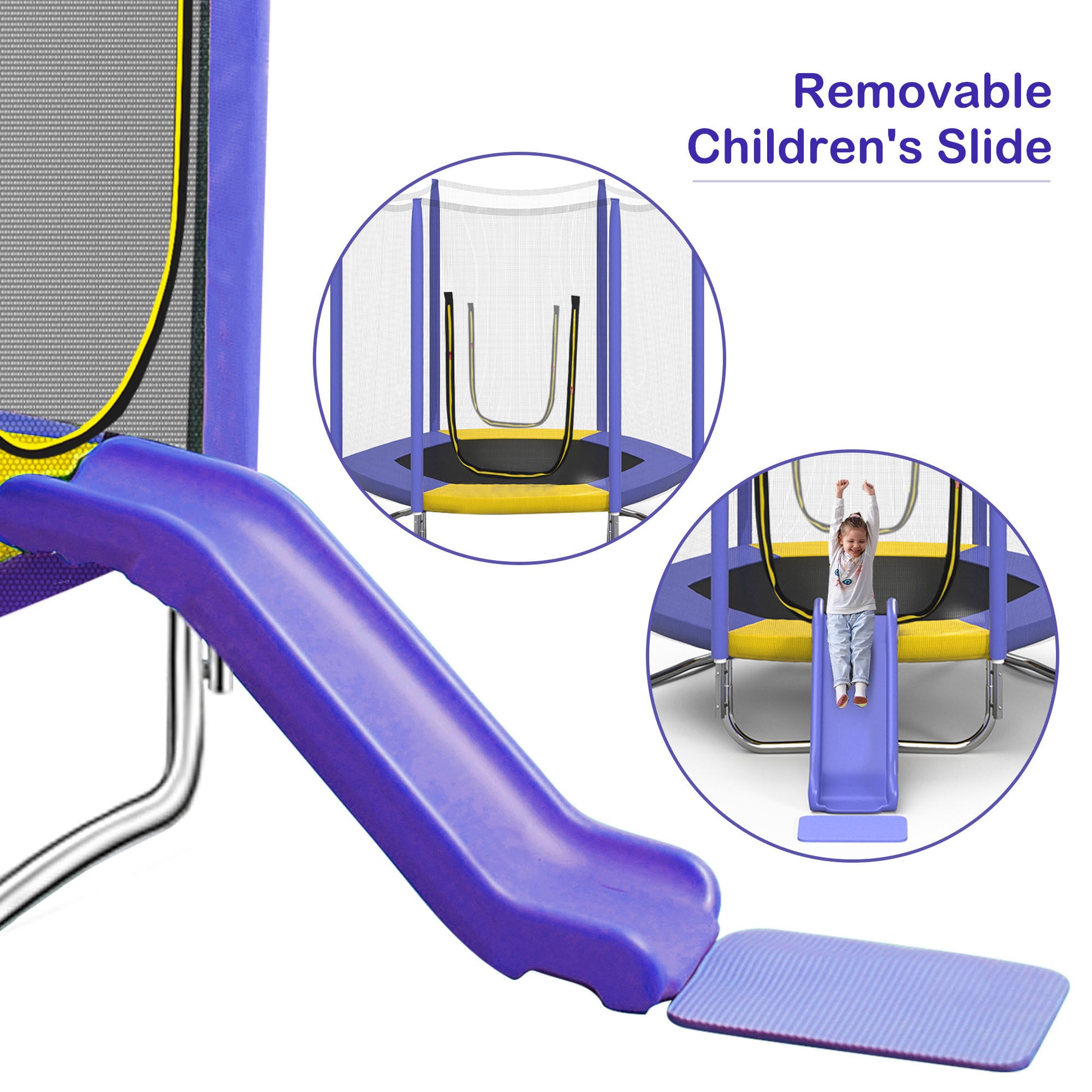 7Ft Trampoline For Kids With Safety Enclosure Net, Slide And Ladder, Easy Assembly Round Outdoor Recreational Trampoline Purple Metal