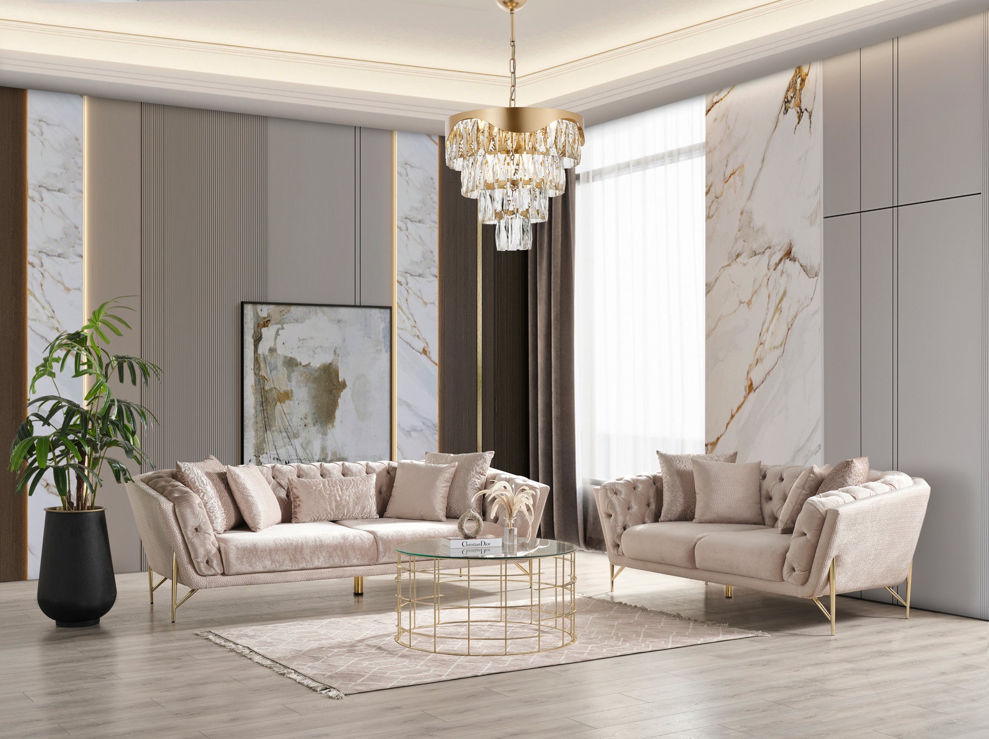 Presley Modern Style 2Pc Living Room Set Made With Wood & Cut Chenille Finish Beige Chenille Wood Primary Living Space Contemporary,Modern Polyester Wood 5 Seat