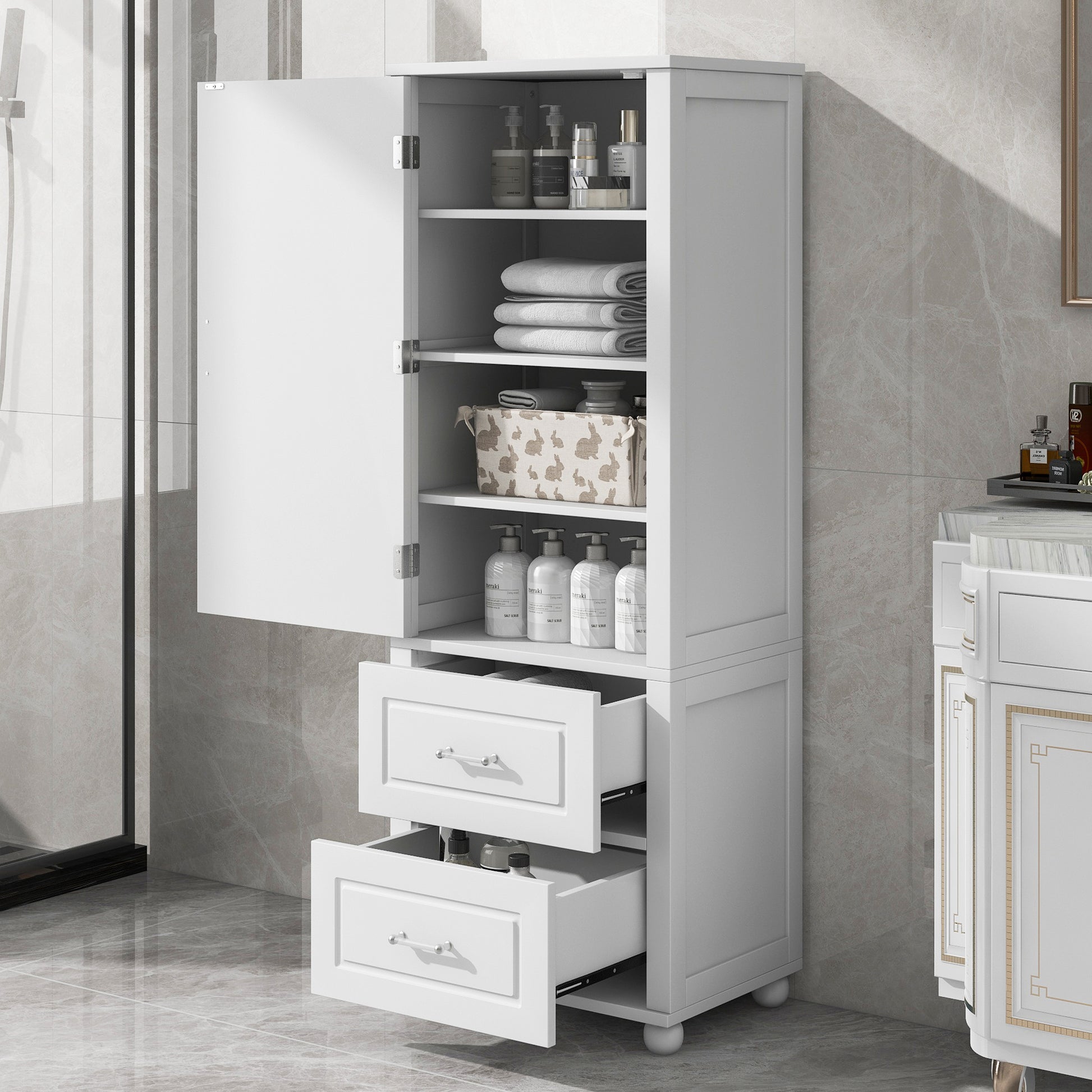 Tall Bathroom Storage Cabinet, Freestanding Storage Cabinet With Two Drawers And Adjustable Shelf, Mdf Board With Painted Finish, White White Mdf