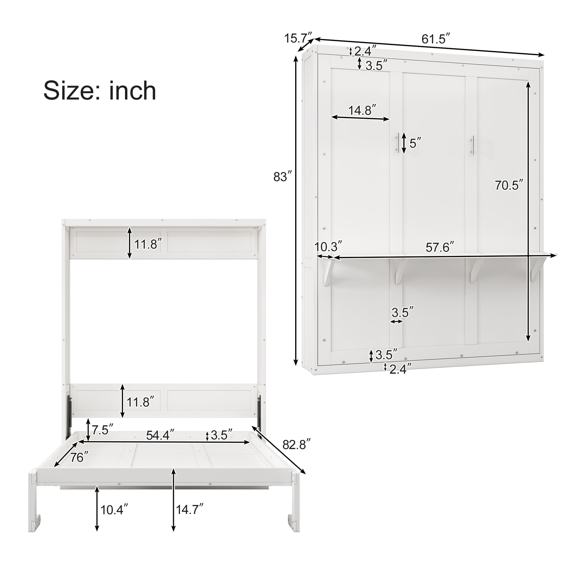 Full Size Murphy Bed,61.5 Inch Cabinet Bed Folding Wall Bed With Desk Combo Perfect For Guest Room, Study, Office, White Old Sku:Bs311609Aac Box Spring Not Required Full White Wood White Pine Murphy Solid Wood Mdf