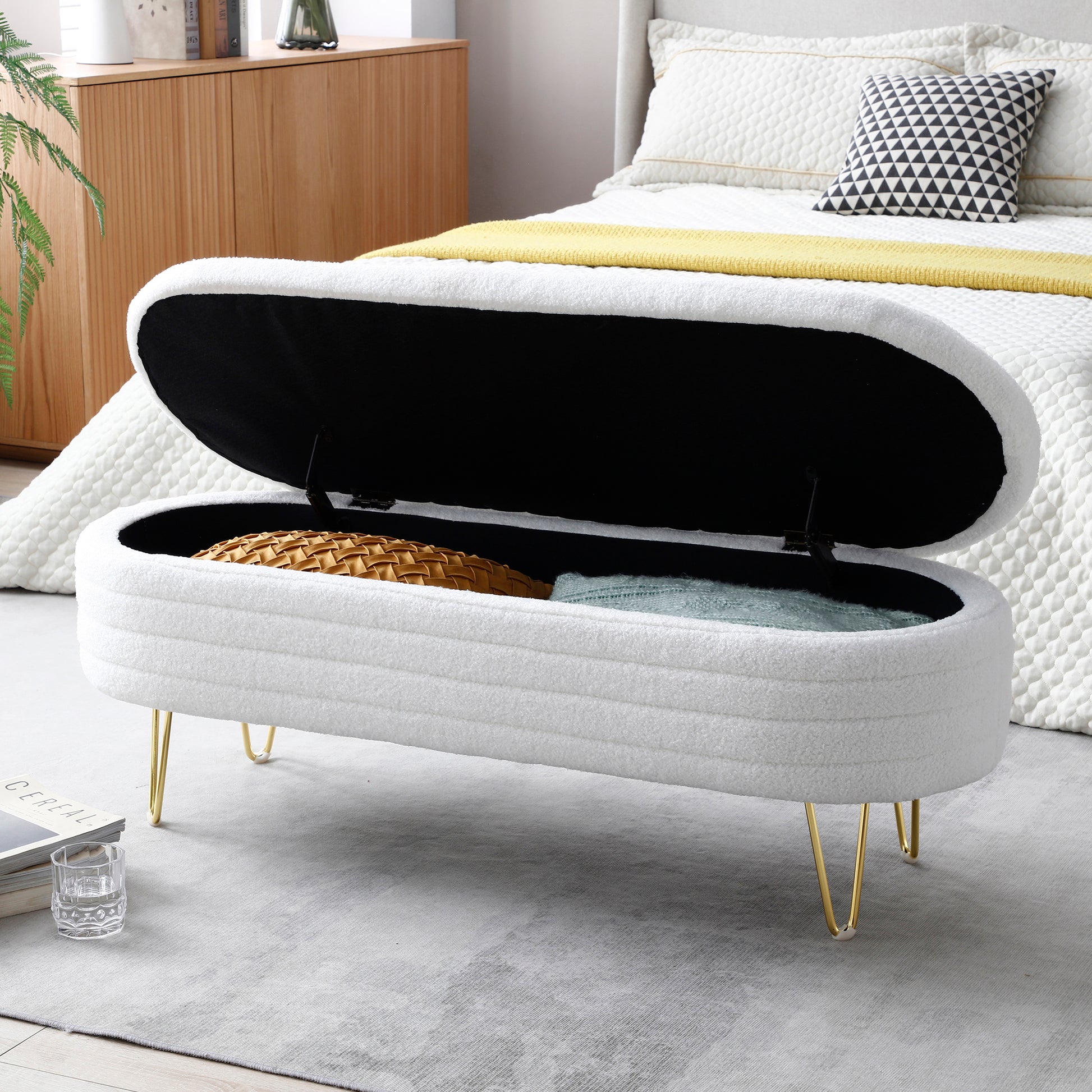 46.9" Width Oval Storage Bench With Gold Legs,Teddy Fabric Upholstered Ottoman Storage Benches For Bedroom End Of Bed,Sherpa Fabric Bench For Living Room,Dining Room,Entryway,Bed Side,Beige Beige Polyester