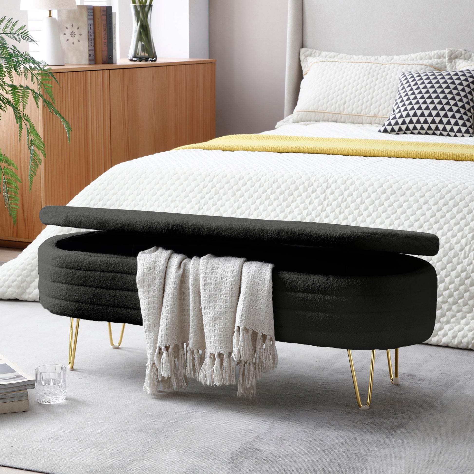 46.9" Width Oval Storage Bench With Gold Legs,Teddy Fabric Upholstered Ottoman Storage Benches For Bedroom End Of Bed,Sherpa Fabric Bench For Living Room,Dining Room,Entryway,Bed Side,Black Black Polyester