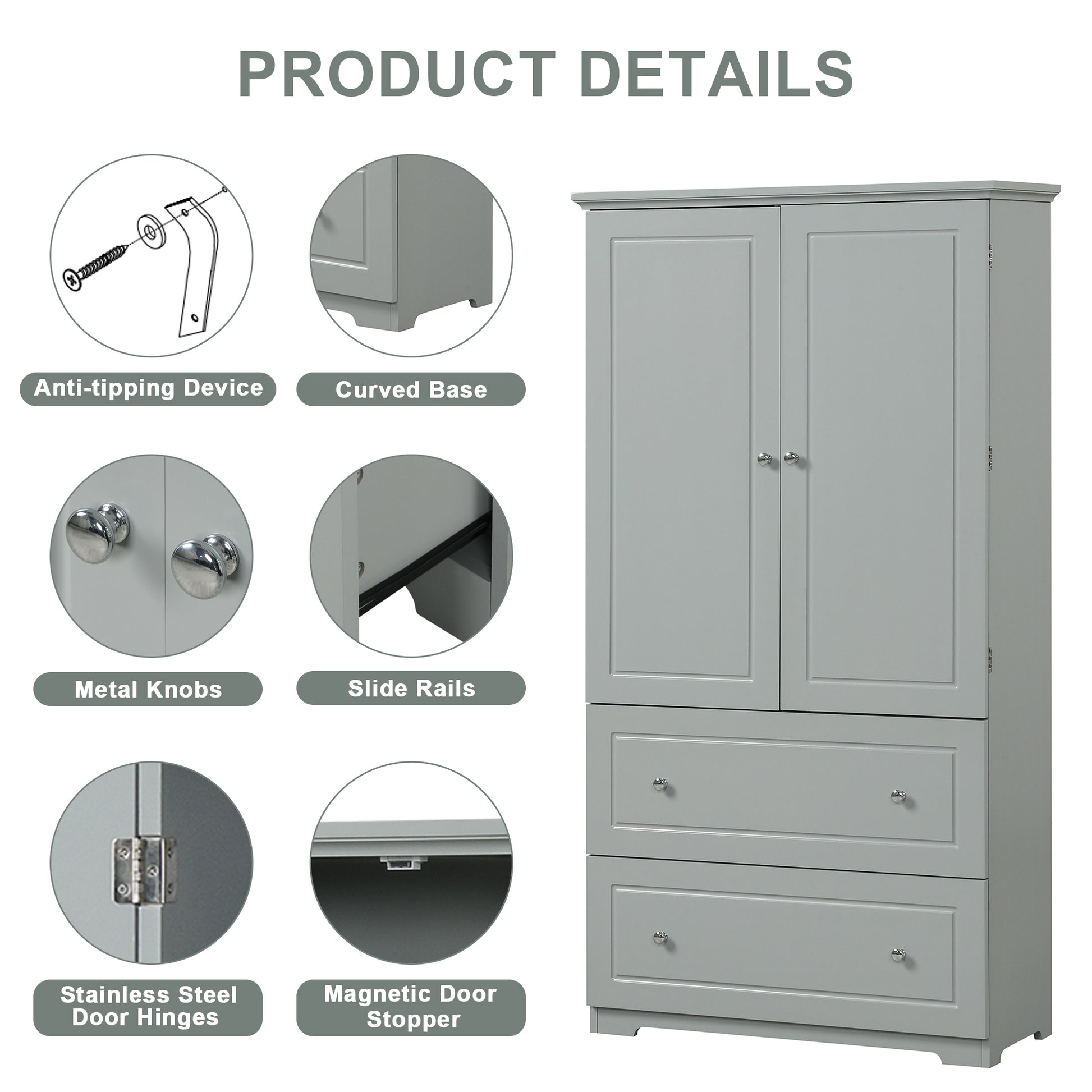 Wide Bathroom Storage Cabinet, Freestanding Storage Cabinet With Two Drawers And Adjustable Shelf, Mdf Board With Painted Finish, Grey Grey Mdf