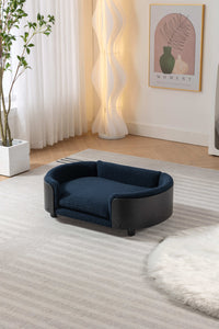 Scandinavian Style Elevated Dog Bed Pet Sofa With Solid Wood Legs And Black Bent Wood Back, Cashmere Cushion,Mid Size Dark Blue Foam Solid Wood