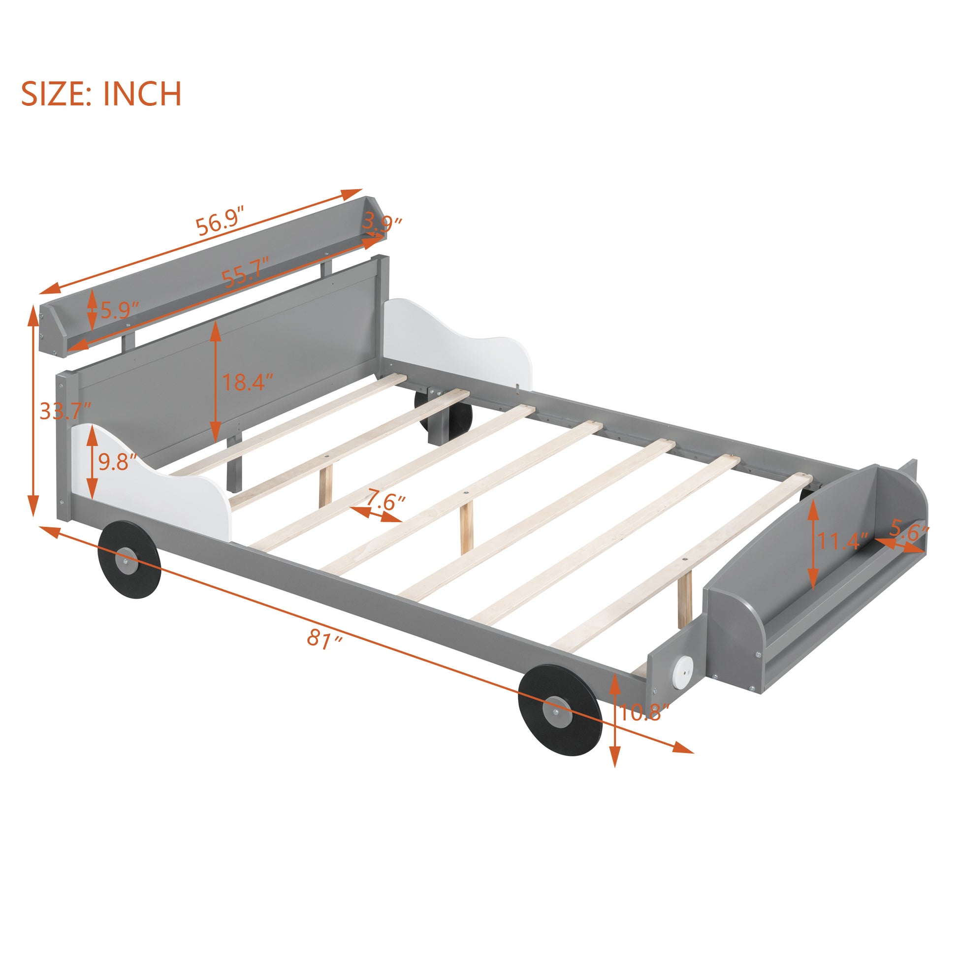 Full Size Car Shaped Platform Bed,Full Bed With Storage Shelf For Bedroom,Gray Gray Wood