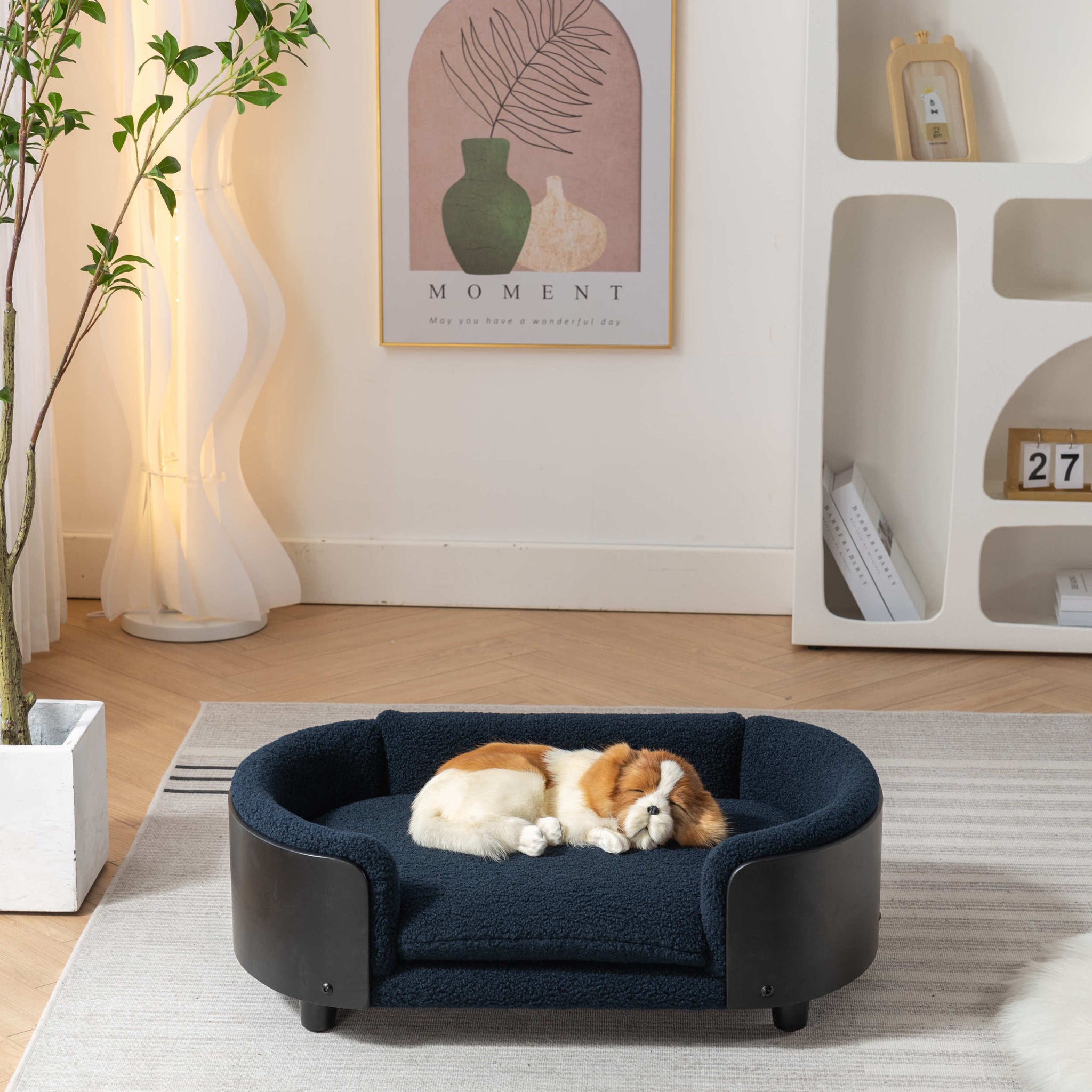 Scandinavian Style Elevated Dog Bed Pet Sofa With Solid Wood Legs And Black Bent Wood Back, Cashmere Cushion,Mid Size Dark Blue Foam Solid Wood