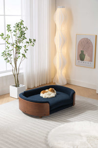 Scandinavian Style Elevated Dog Bed Pet Sofa With Solid Wood Legs And Walnut Bent Wood Back, Cashmere Cushion,Large Size Dark Blue Foam Solid Wood