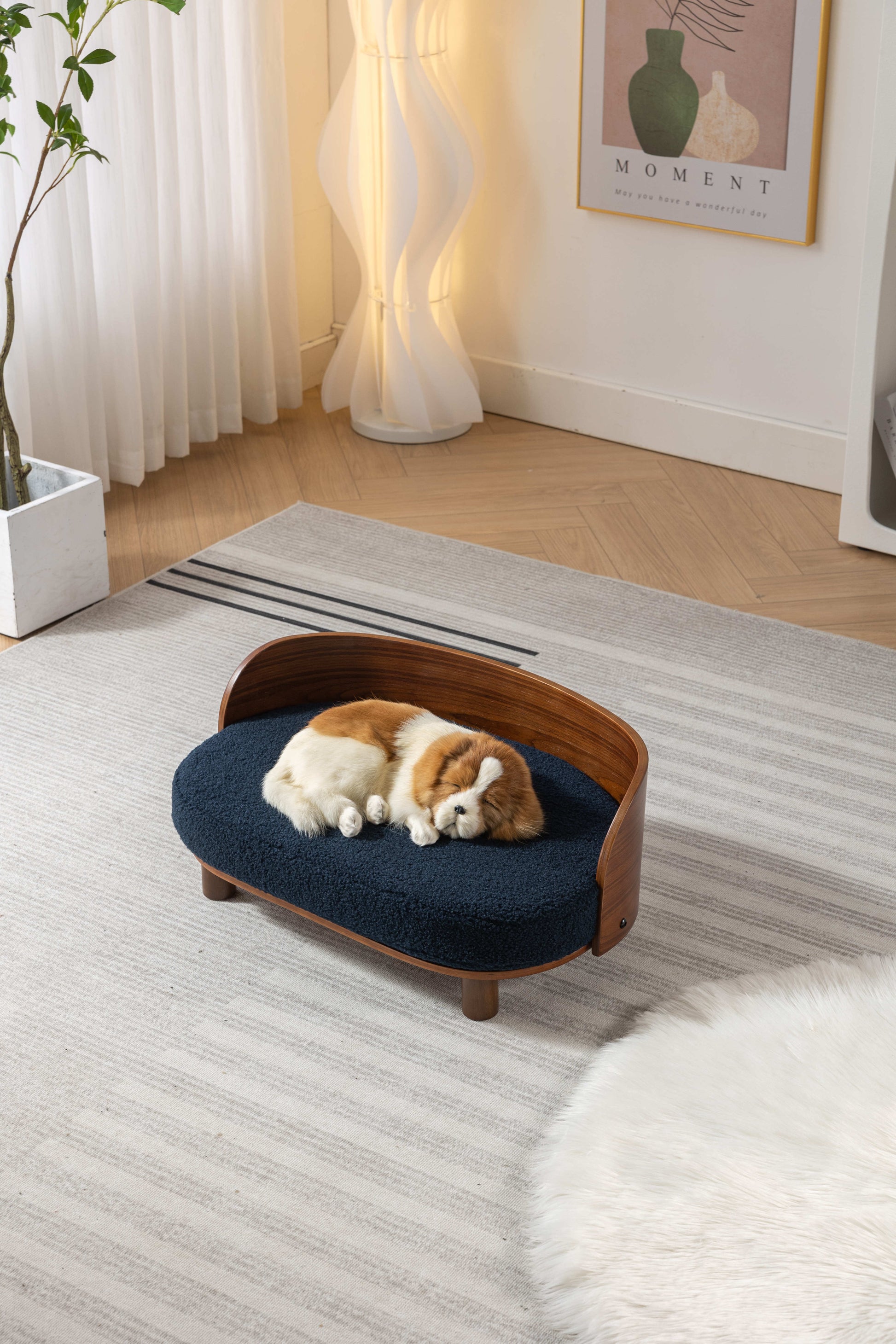 Scandinavian Style Elevated Dog Bed Pet Sofa With Solid Wood Legs And Bent Wood Back, Cashmesh Cushion, Walnut Wood,Dark Blue Cashmesh. Dark Blue Memory Foam Scandinavian Cat Medium 26 40 Lbs Foam