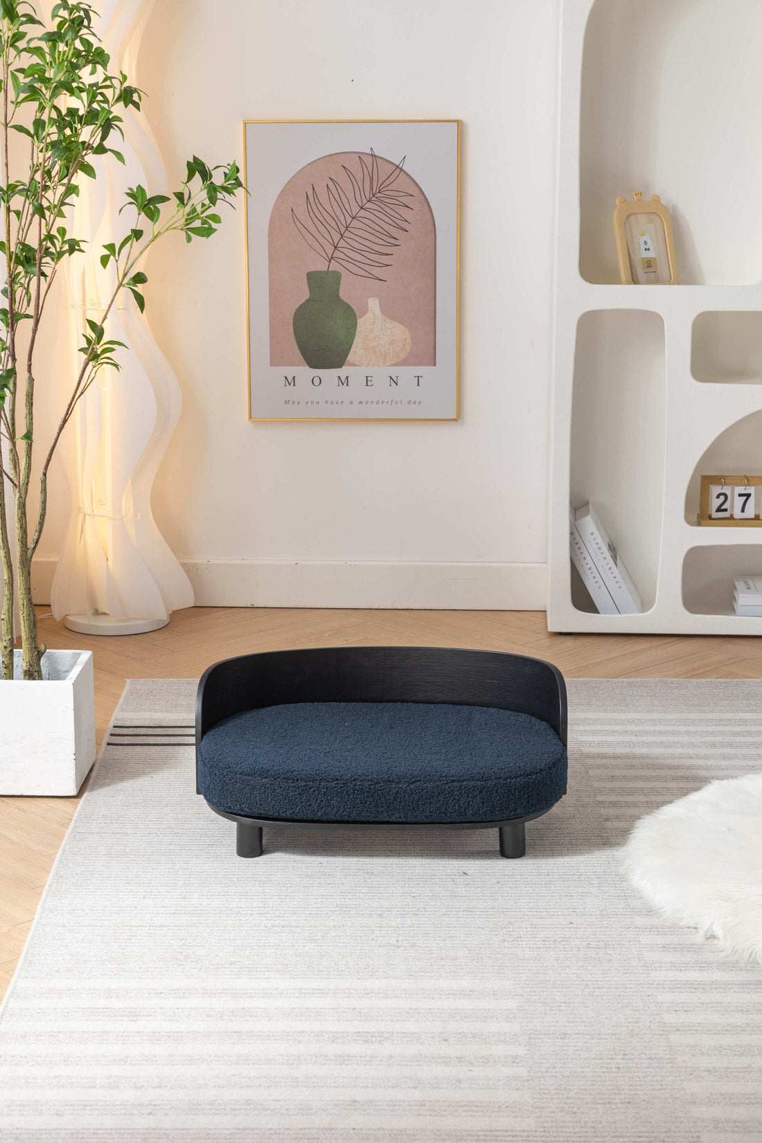 Scandinavian Style Elevated Dog Bed Pet Sofa With Solid Wood Legs And Bent Wood Back, Velvet Cushion, Black Dark Blue Memory Foam Scandinavian Cat Medium 26 40 Lbs Foam Solid Wood