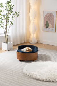 Scandinavian Style Elevated Dog Bed Pet Sofa With Solid Wood Legs And Walnut Bent Wood Back, Cashmere Cushion,Mid Size Dark Blue Foam Solid Wood