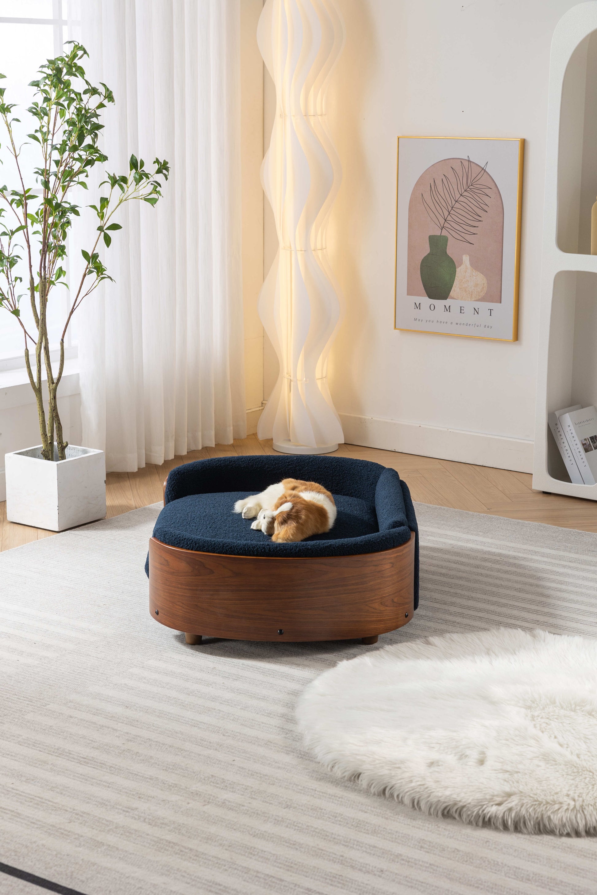 Scandinavian Style Elevated Dog Bed Pet Sofa With Solid Wood Legs And Walnut Bent Wood Back, Cashmere Cushion,Large Size Dark Blue Foam Solid Wood