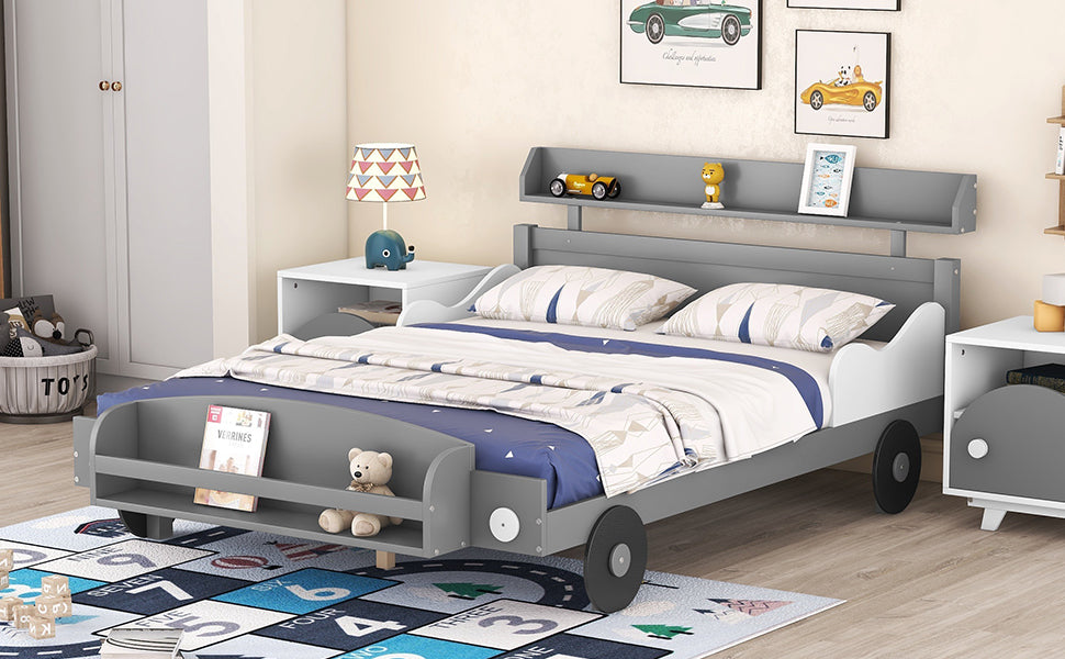 Full Size Car Shaped Platform Bed,Full Bed With Storage Shelf For Bedroom,Gray Gray Wood