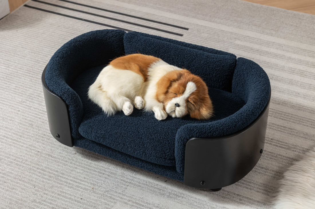 Scandinavian Style Elevated Dog Bed Pet Sofa With Solid Wood Legs And Black Bent Wood Back, Cashmere Cushion,Small Size Dark Blue Foam Solid Wood