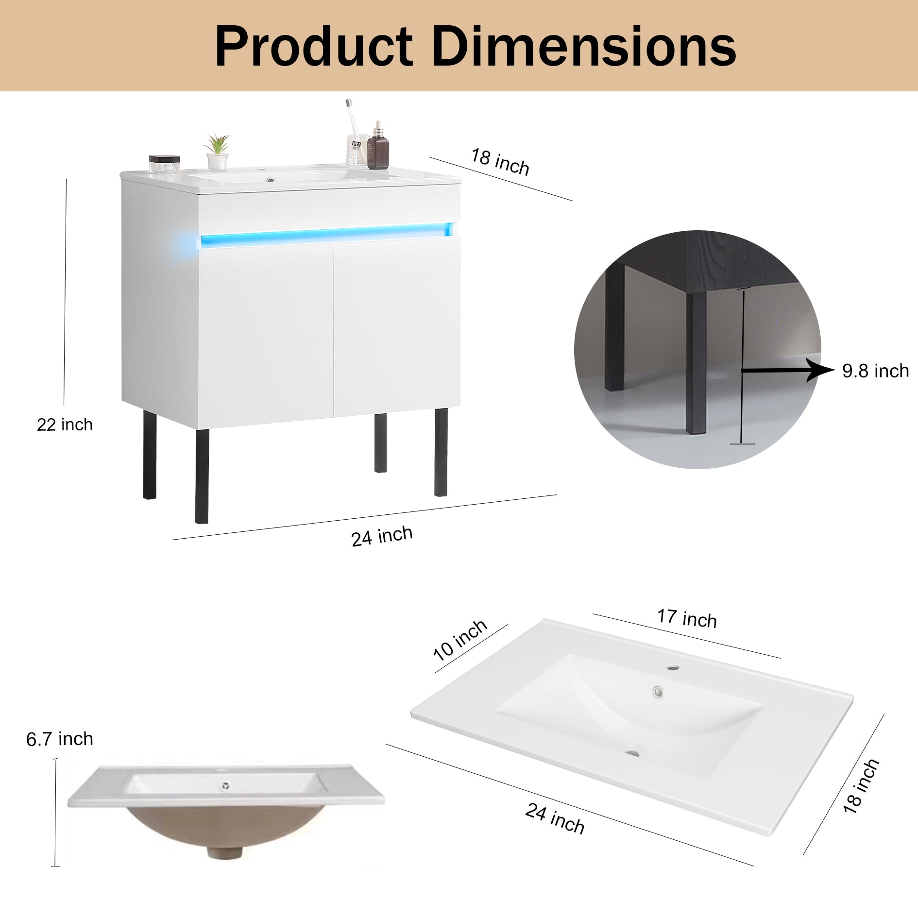 24" Bathroom Vanity With Sink, Radar Sensing Light, Large Storage Space And Metal Legs, Wall Mounted Standing Bathroom Vanity Sink,White White Solid Wood