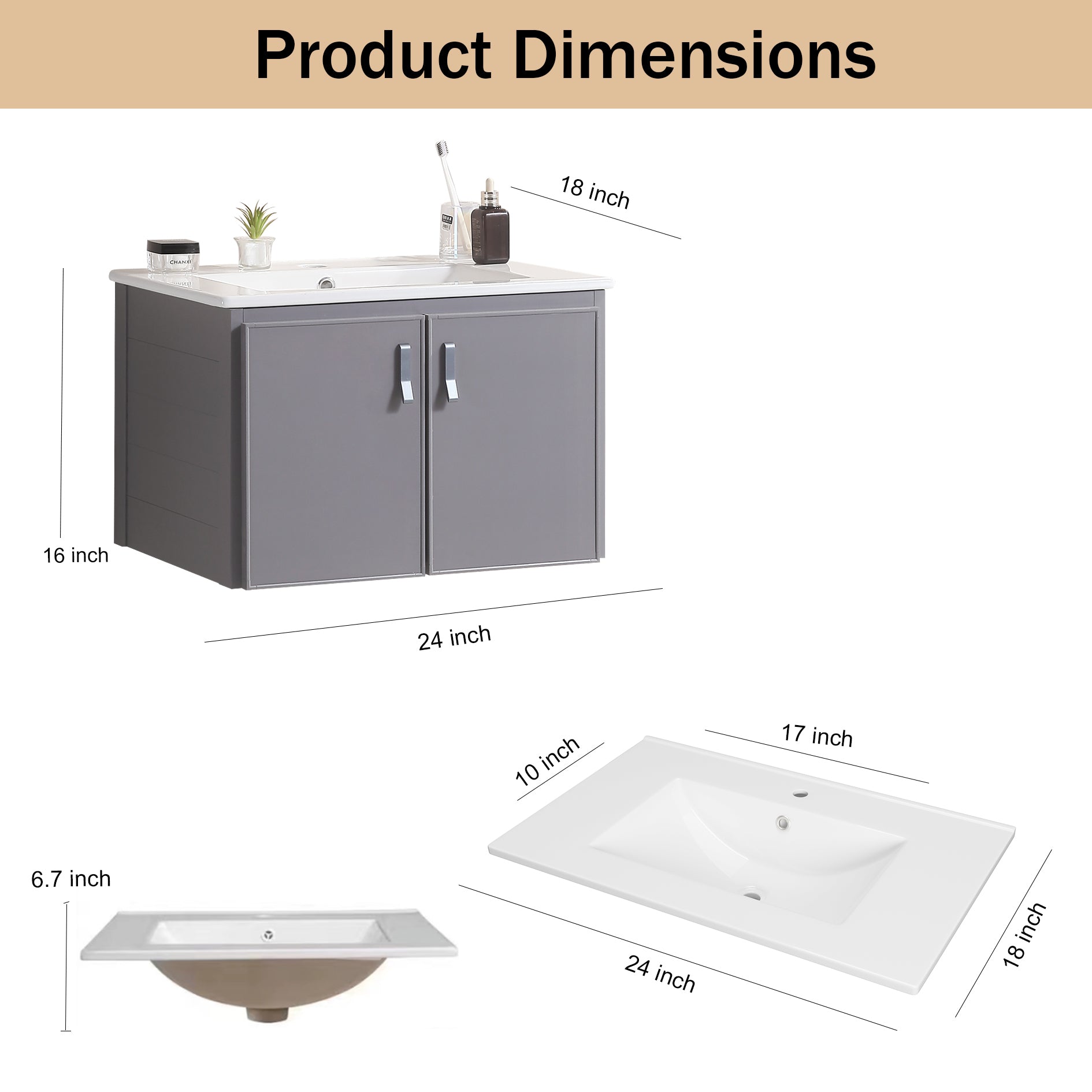 24' Metal Wall Mounted Bathroom Vanity With White Sink,Two Metal Soft Close Cabinet Doors, Metal,Excluding Faucets,Grey Grey Aluminum