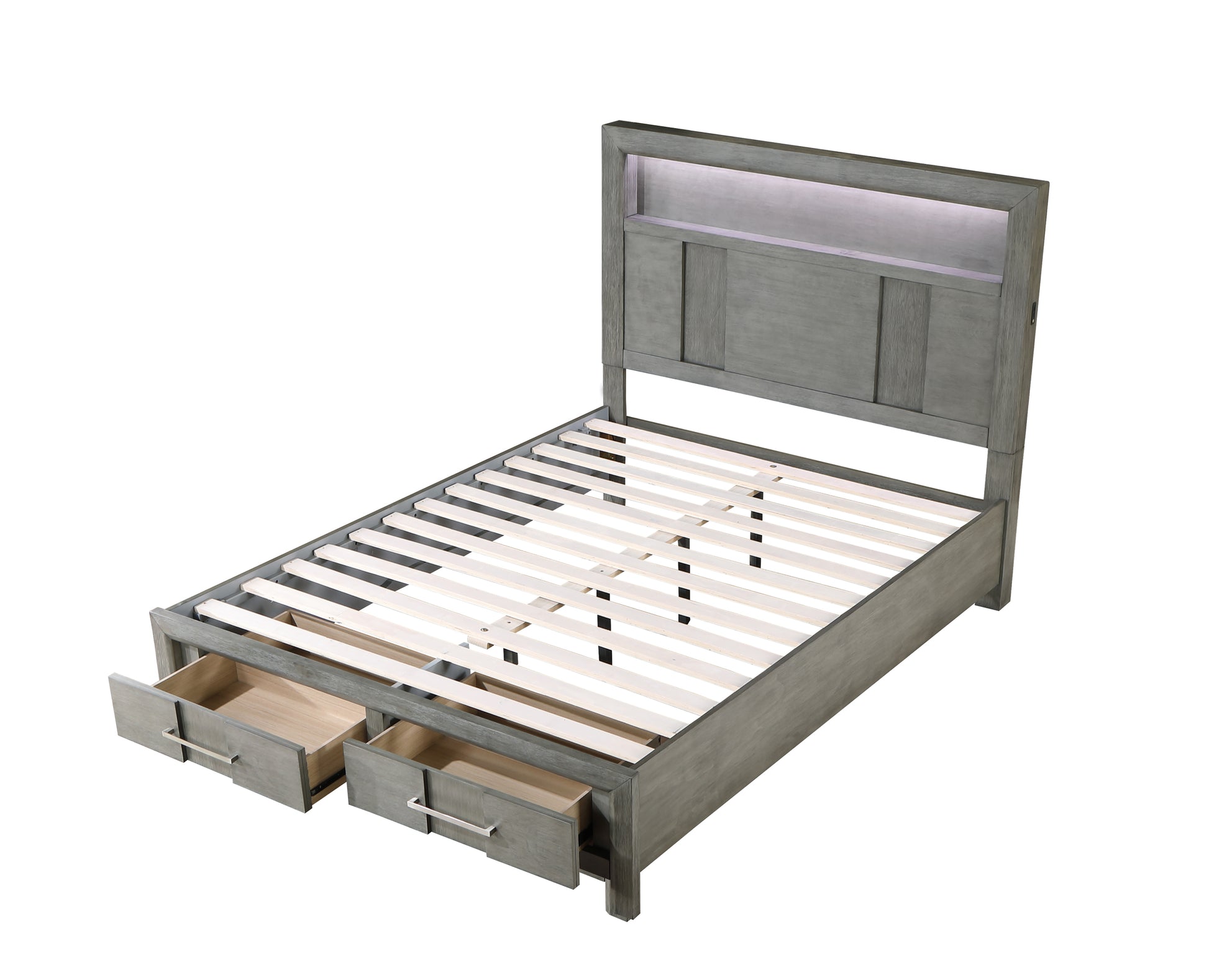 Kenzo Modern Style King 4Pc Storage Bedroom Set Made With Wood, Led Headboard, Bluetooth Speakers & Usb Ports Grey Box Spring Not Required King Gray Wood 4 Piece Set Bedroom Bed Included,Dresser Included,Mirror Included,Nightstand Included