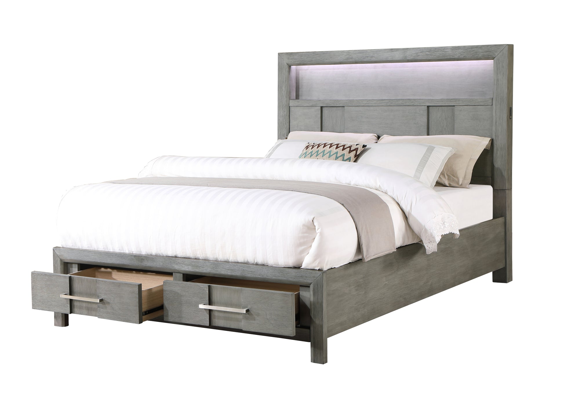 Kenzo Modern Style King 4Pc Storage Bedroom Set Made With Wood, Led Headboard, Bluetooth Speakers & Usb Ports Grey Box Spring Not Required King Gray Wood 4 Piece Set Bedroom Bed Included,Dresser Included,Mirror Included,Nightstand Included