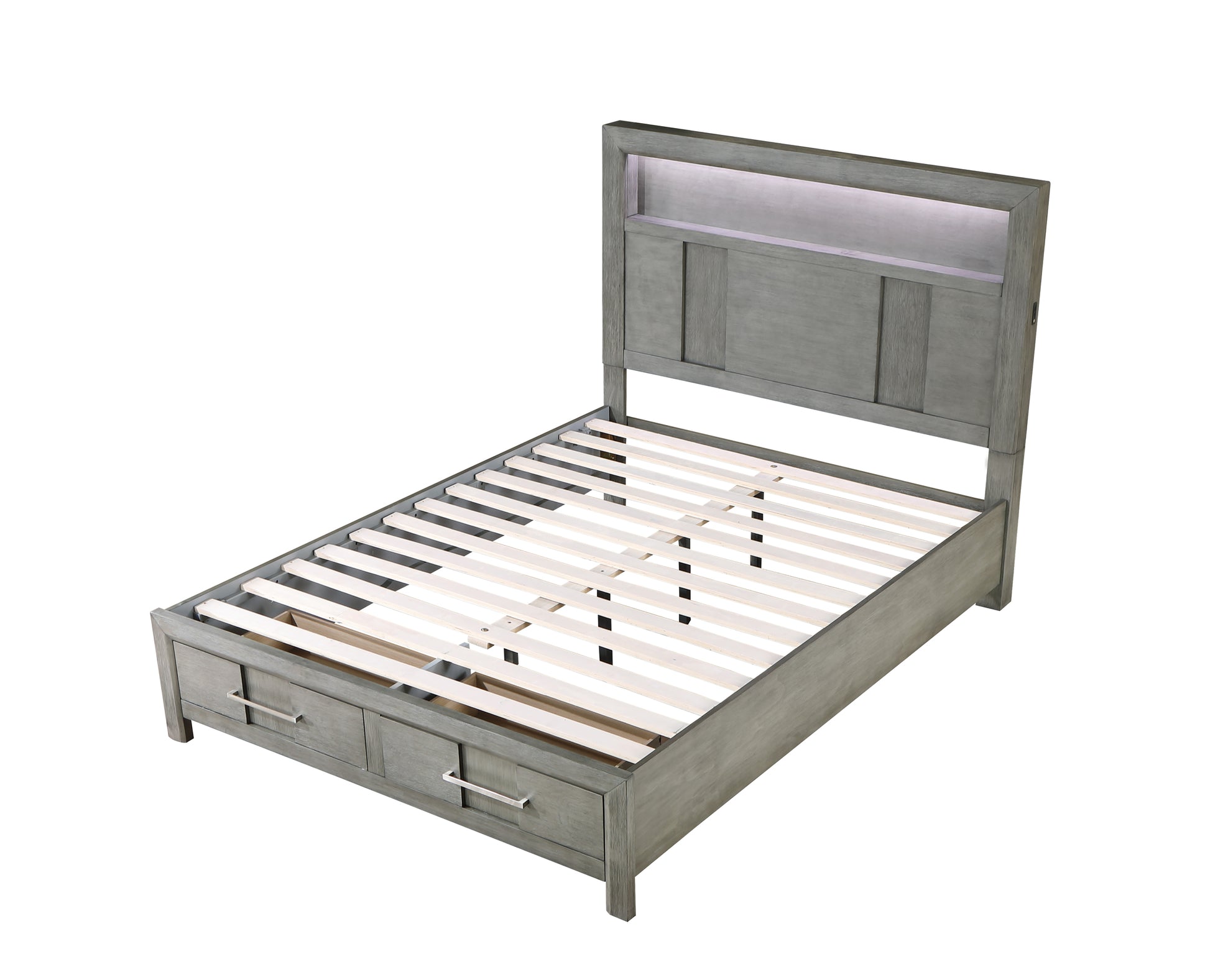Kenzo Modern Style King 4Pc Storage Bedroom Set Made With Wood, Led Headboard, Bluetooth Speakers & Usb Ports Grey Box Spring Not Required King Gray Wood 4 Piece Set Bedroom Bed Included,Dresser Included,Mirror Included,Nightstand Included