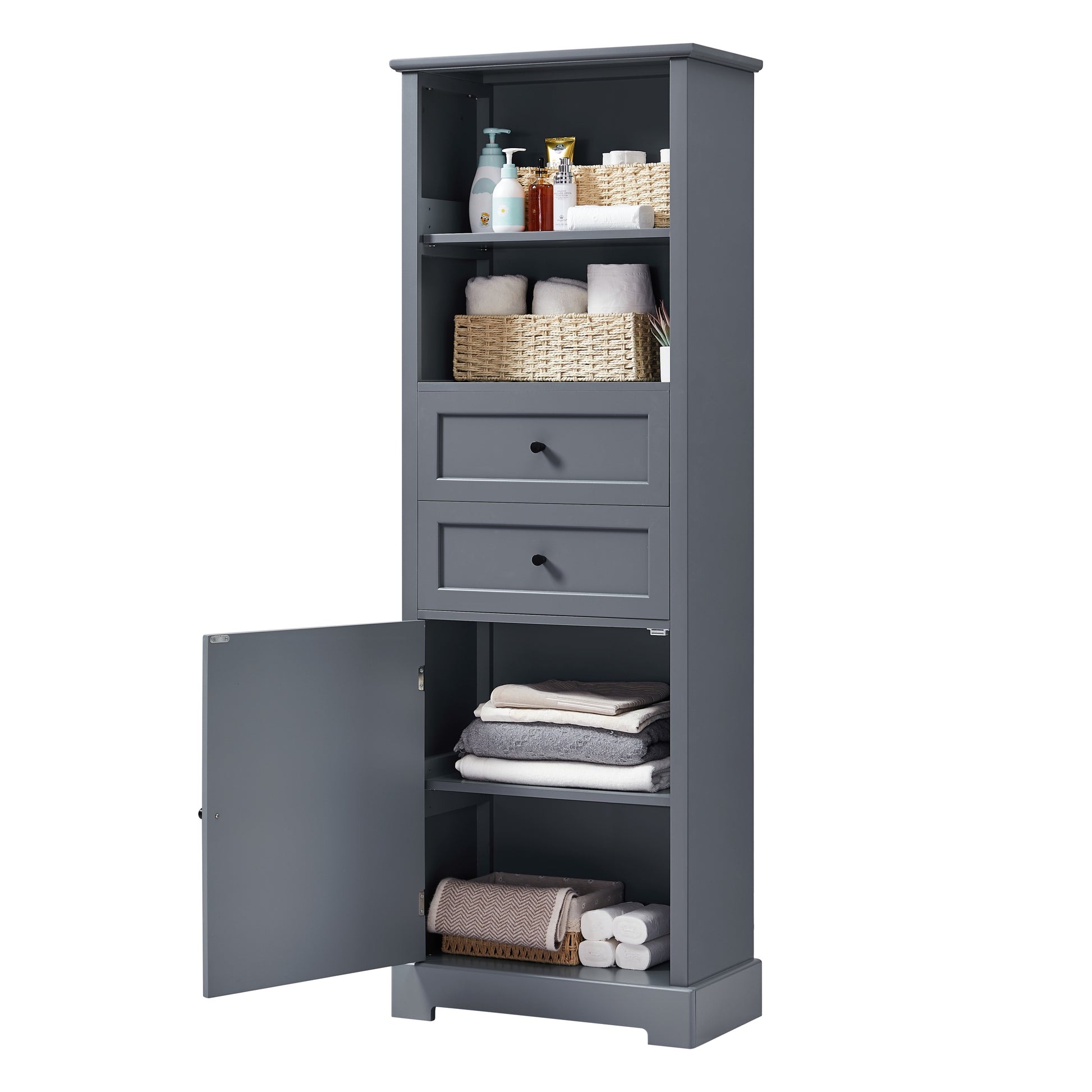 Bathroom Storage Cabinet, Tall Storage Cabinet With Two Drawers, Open Storage, Adjustable Shelf, Grey Grey Mdf