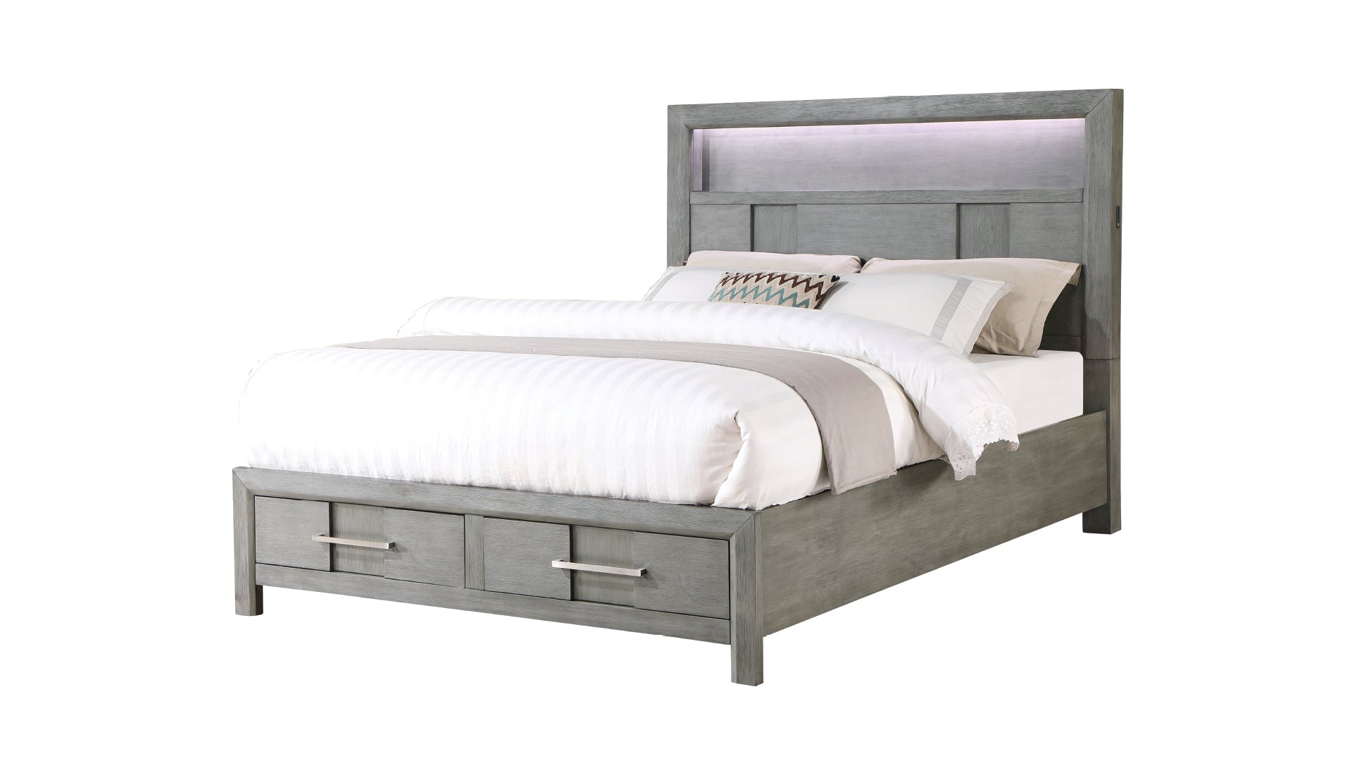 Kenzo Modern Style King 4Pc Storage Bedroom Set Made With Wood, Led Headboard, Bluetooth Speakers & Usb Ports Grey Box Spring Not Required King Gray Wood 4 Piece Set Bedroom Bed Included,Dresser Included,Mirror Included,Nightstand Included