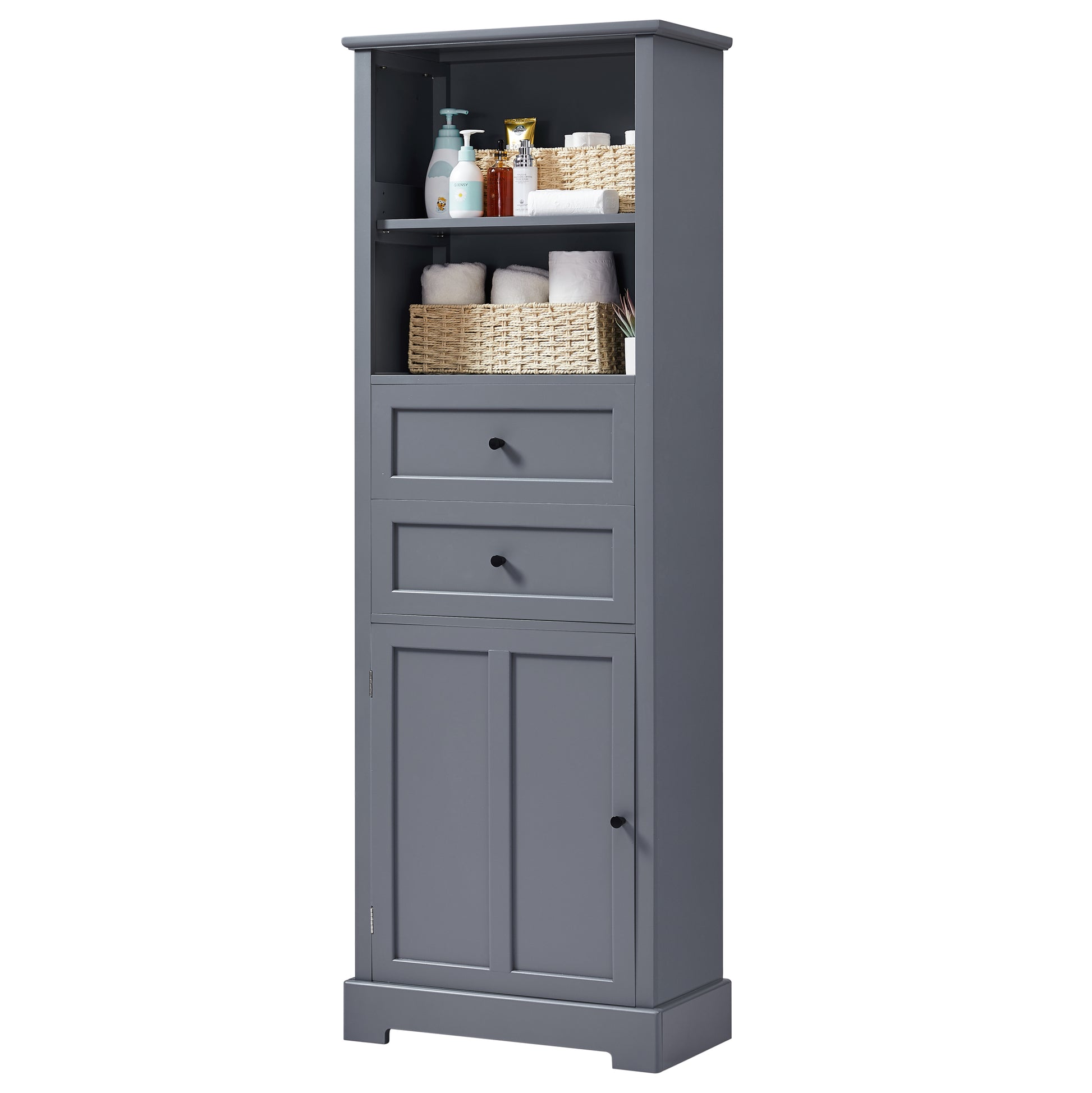 Bathroom Storage Cabinet, Tall Storage Cabinet With Two Drawers, Open Storage, Adjustable Shelf, Grey Grey Mdf