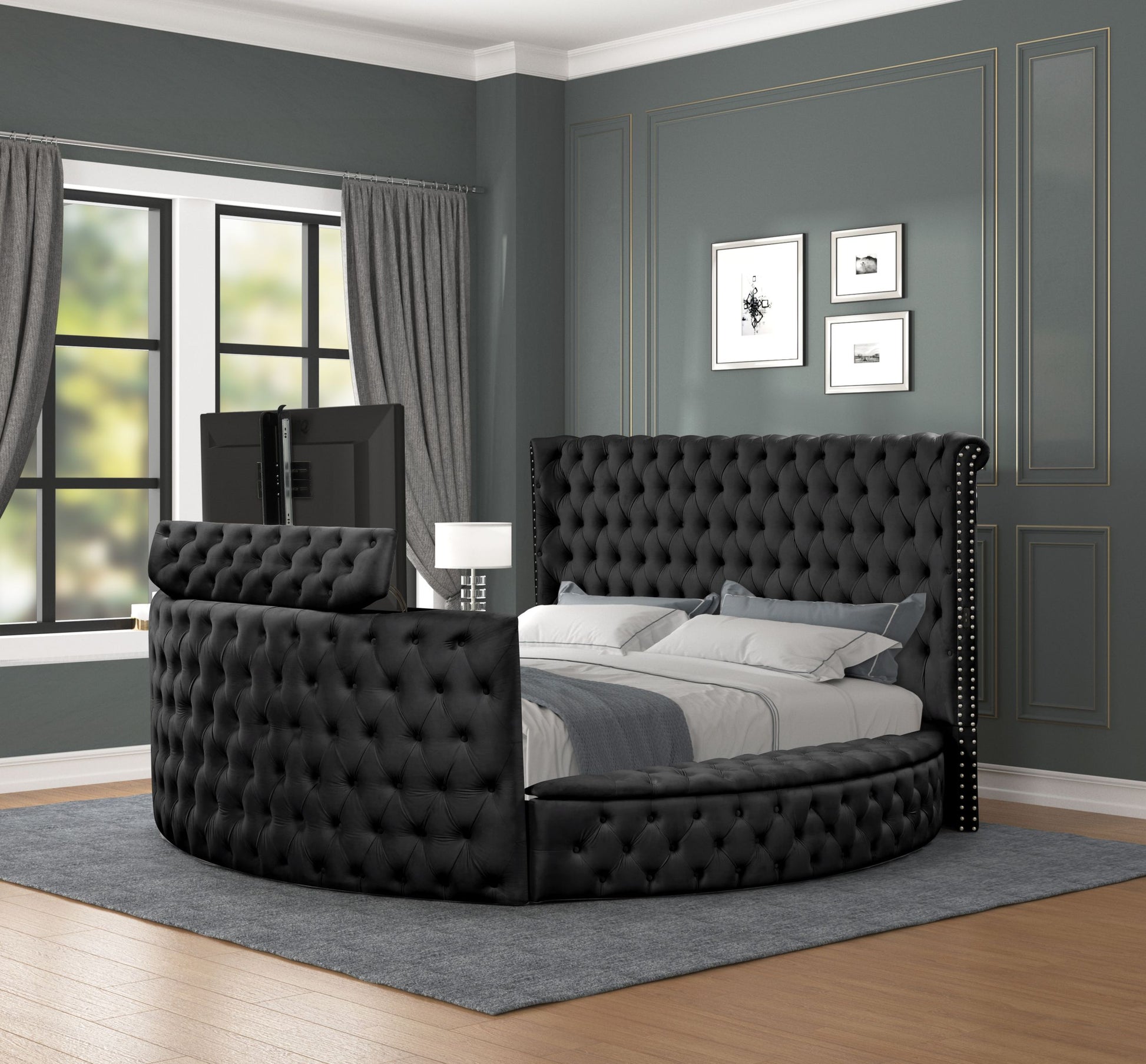 Maya Modern Style Crystal Tufted Queen 4Pc Bed Room Set Made With Wood In Black Box Spring Not Required Queen Black Wood 4 Piece Set Bedroom Bed Included,Dresser Included,Mirror Included,Nightstand Included Modern Upholstered Velvet Wood