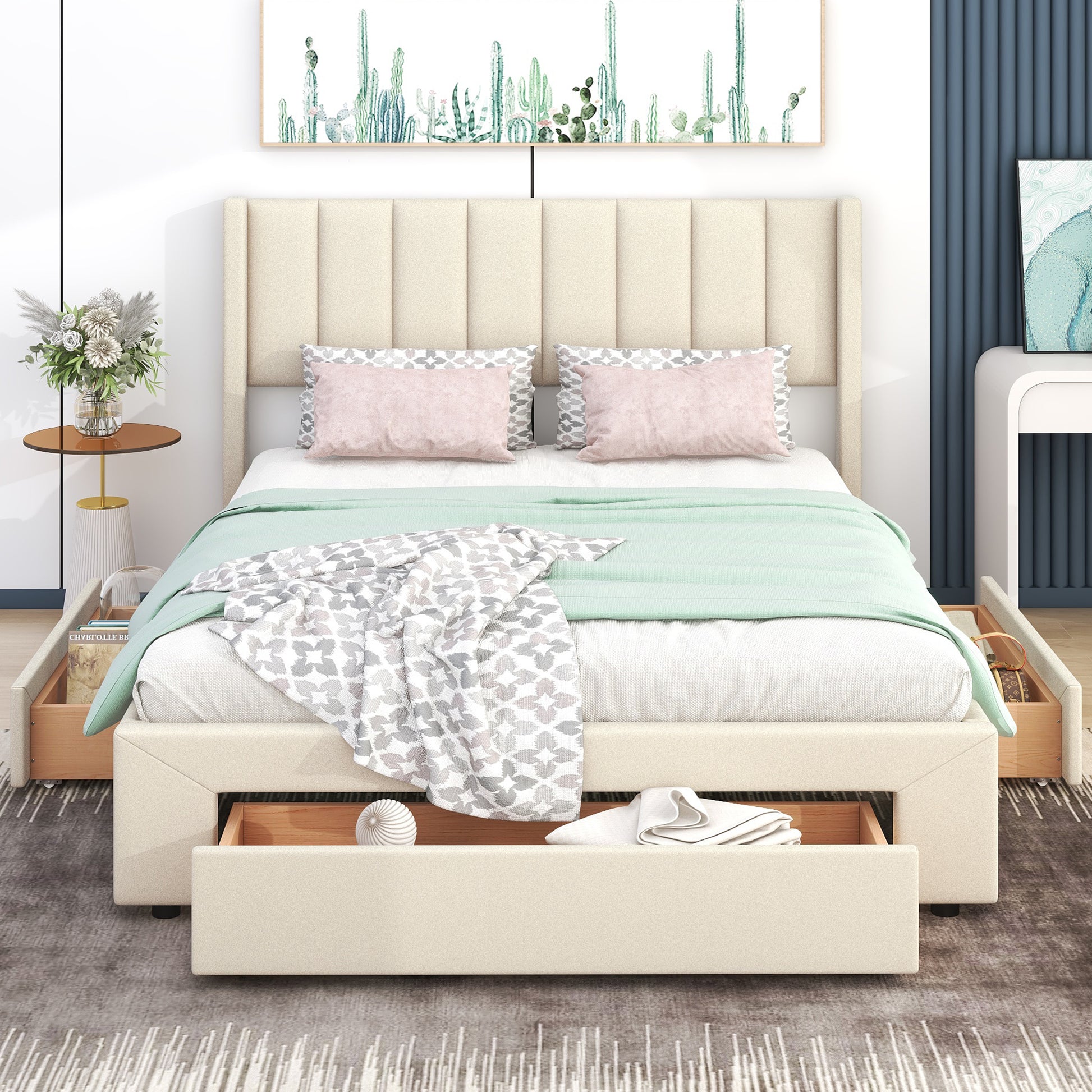 Queen Size Upholstered Platform Bed With One Large Drawer In The Footboard And Drawer On Each Side,Beige Box Spring Not Required Queen Beige Wood Bedroom Bed Frame Linen Upholstered