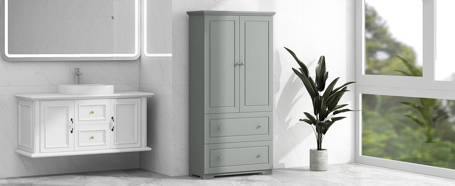 Wide Bathroom Storage Cabinet, Freestanding Storage Cabinet With Two Drawers And Adjustable Shelf, Mdf Board With Painted Finish, Grey Grey Mdf