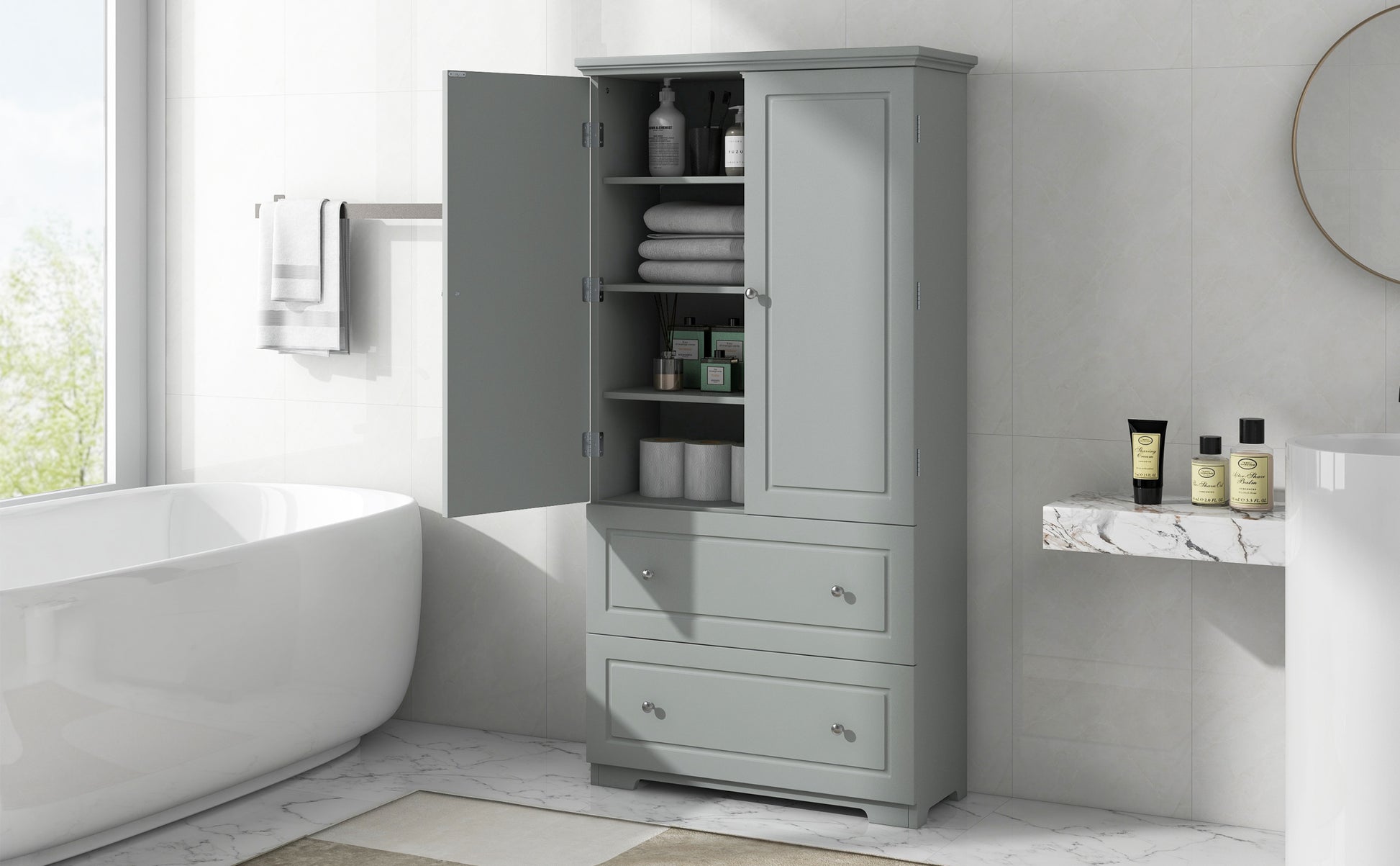 Wide Bathroom Storage Cabinet, Freestanding Storage Cabinet With Two Drawers And Adjustable Shelf, Mdf Board With Painted Finish, Grey Grey Mdf