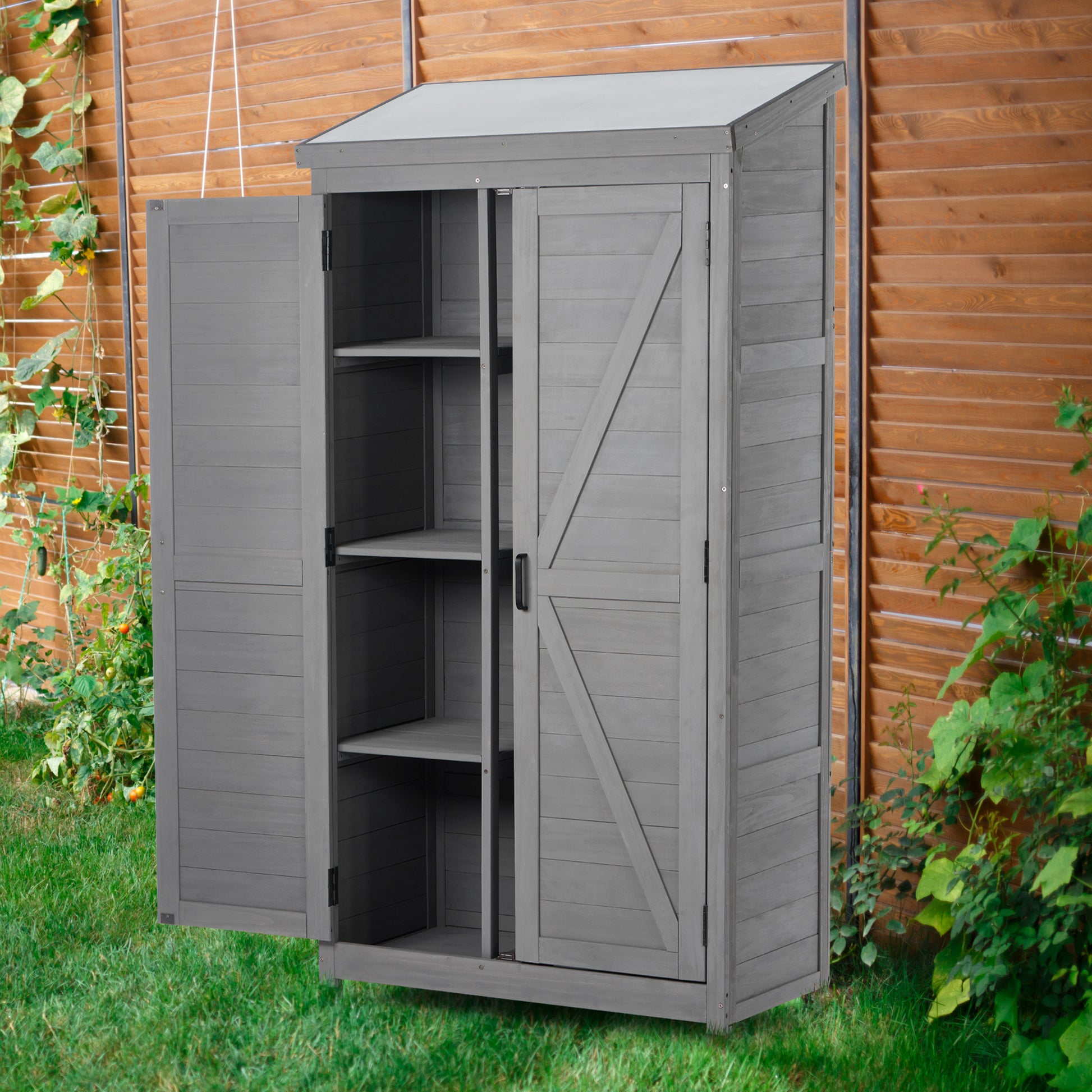 Outdoor Storage Cabinet And Metal Top,Garden Storage Shed,Outdoor 68 Inches Wood Tall Shed For Yard And Patio Gray Solid Wood