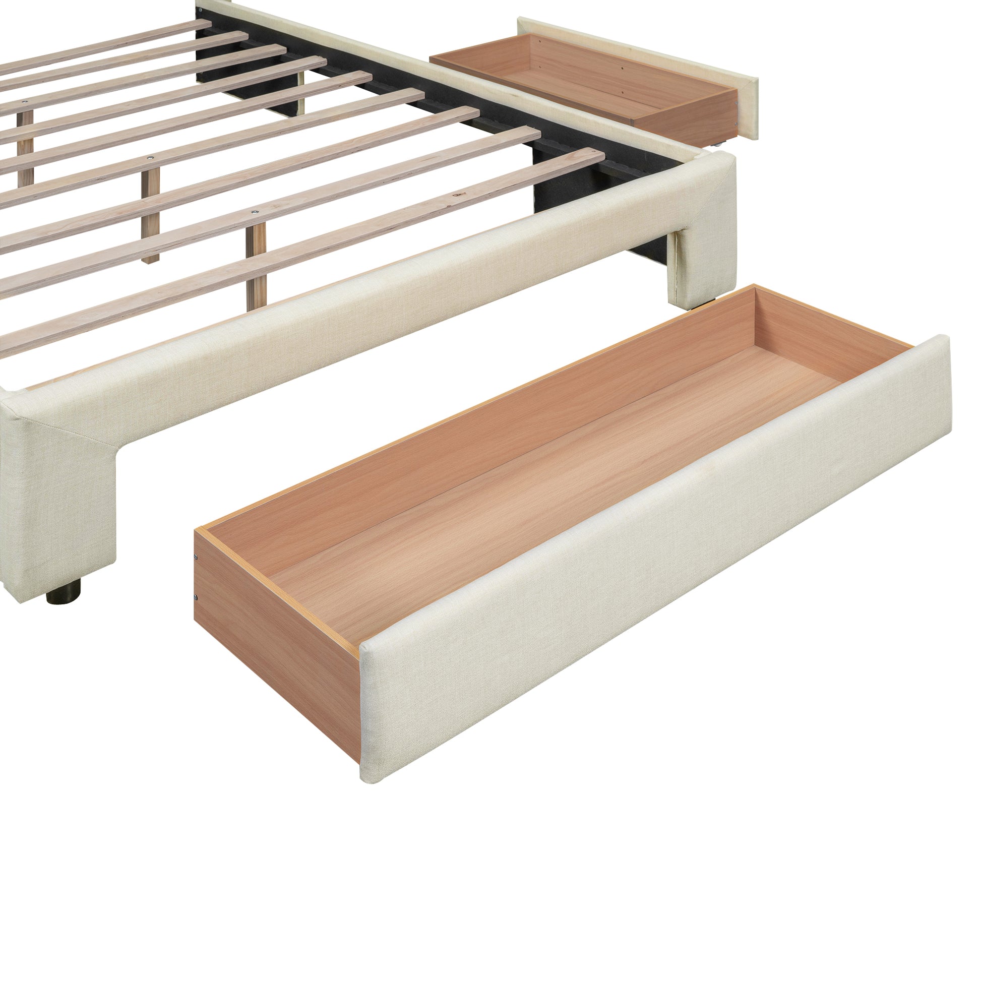 Queen Size Upholstered Platform Bed With One Large Drawer In The Footboard And Drawer On Each Side,Beige Box Spring Not Required Queen Beige Wood Bedroom Bed Frame Linen Upholstered