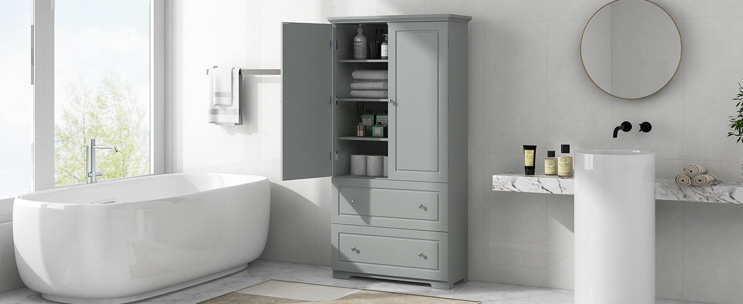 Wide Bathroom Storage Cabinet, Freestanding Storage Cabinet With Two Drawers And Adjustable Shelf, Mdf Board With Painted Finish, Grey Grey Mdf