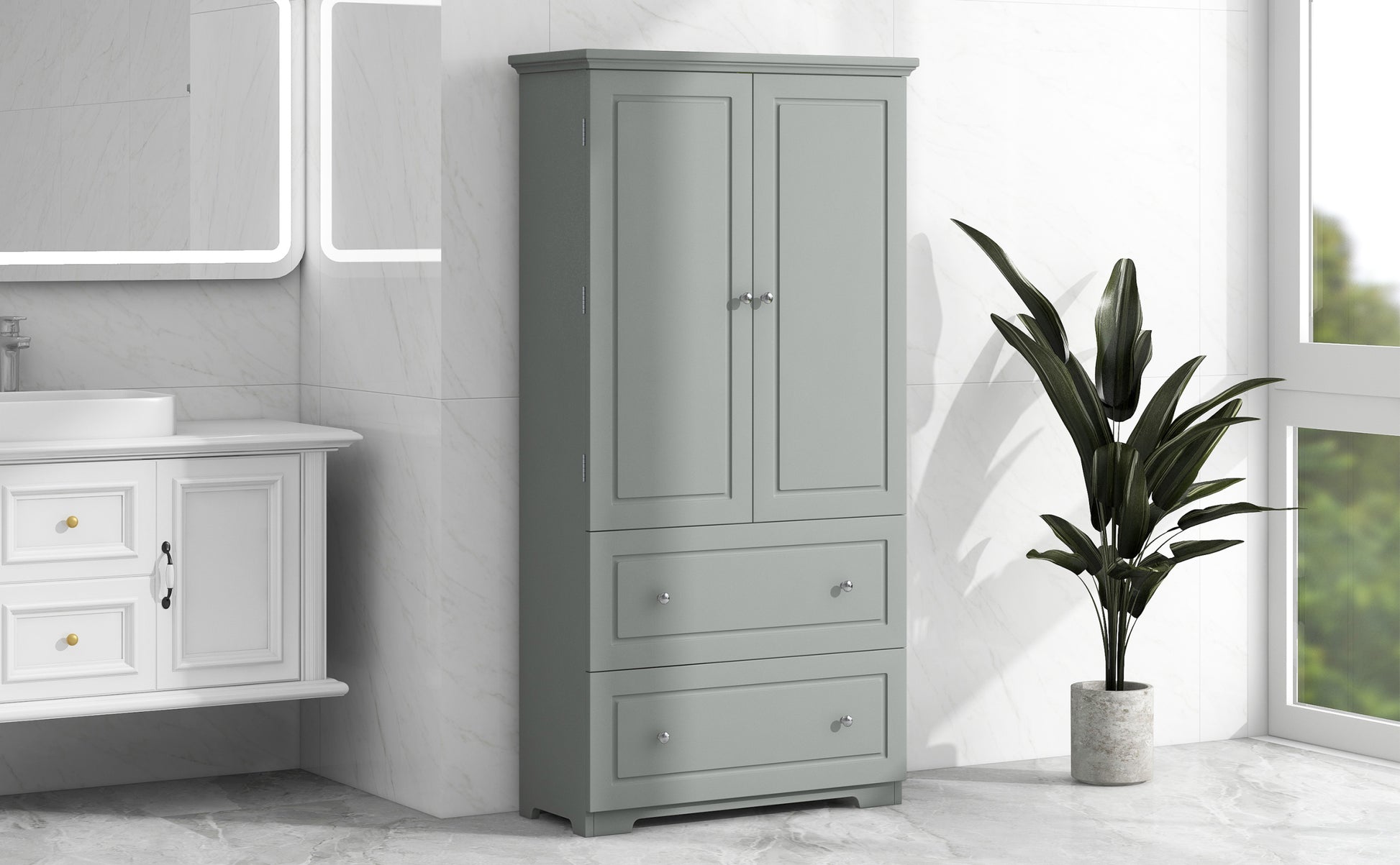 Wide Bathroom Storage Cabinet, Freestanding Storage Cabinet With Two Drawers And Adjustable Shelf, Mdf Board With Painted Finish, Grey Grey Mdf