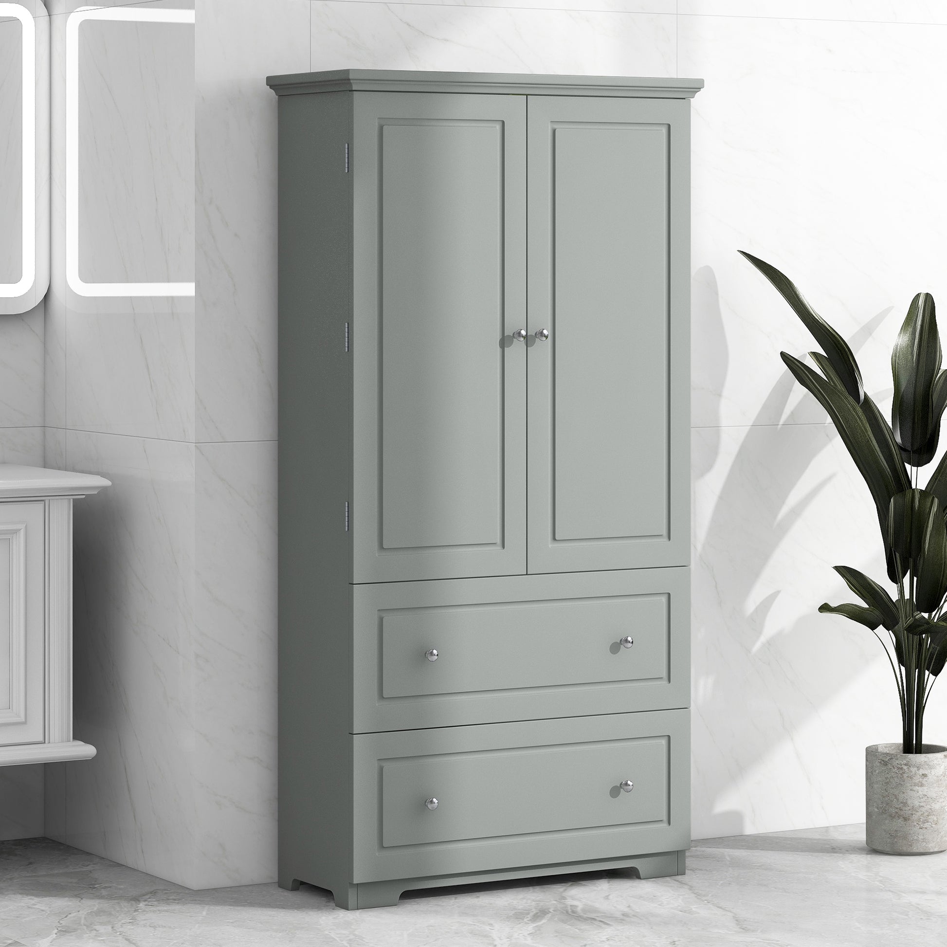 Wide Bathroom Storage Cabinet, Freestanding Storage Cabinet With Two Drawers And Adjustable Shelf, Mdf Board With Painted Finish, Grey Grey Mdf