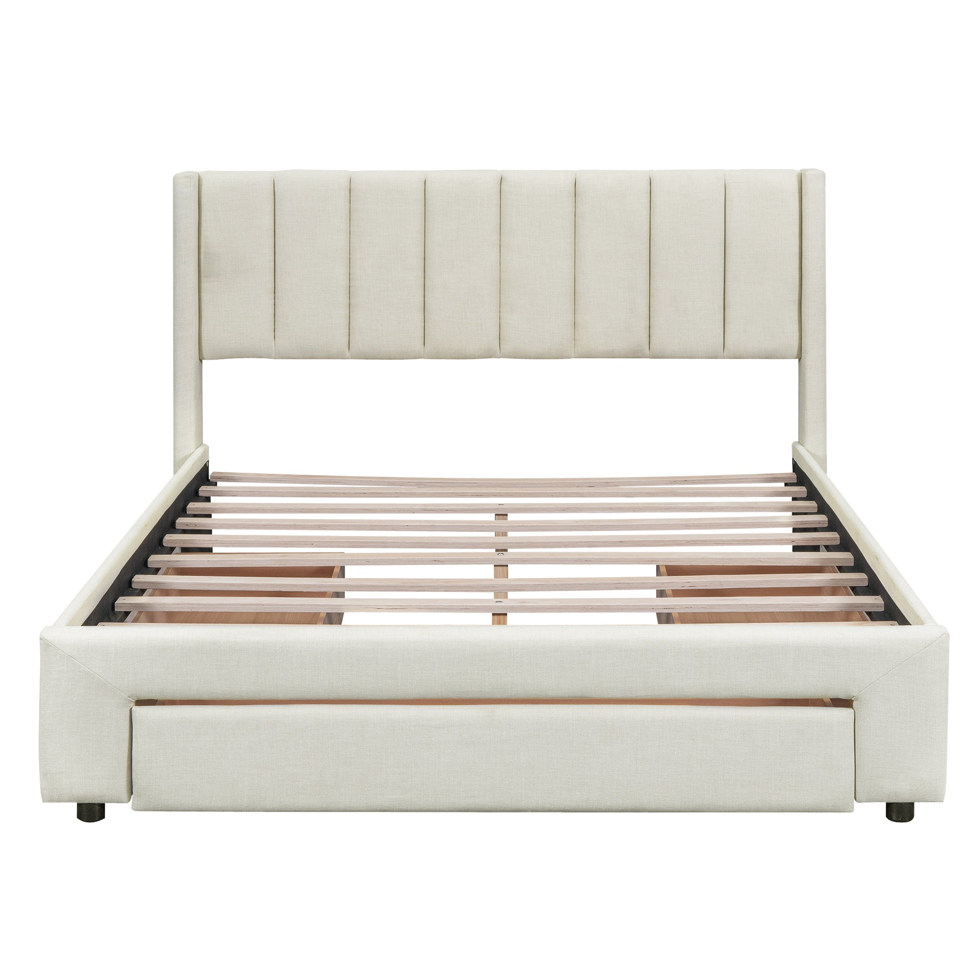 Queen Size Upholstered Platform Bed With One Large Drawer In The Footboard And Drawer On Each Side,Beige Box Spring Not Required Queen Beige Wood Bedroom Bed Frame Linen Upholstered