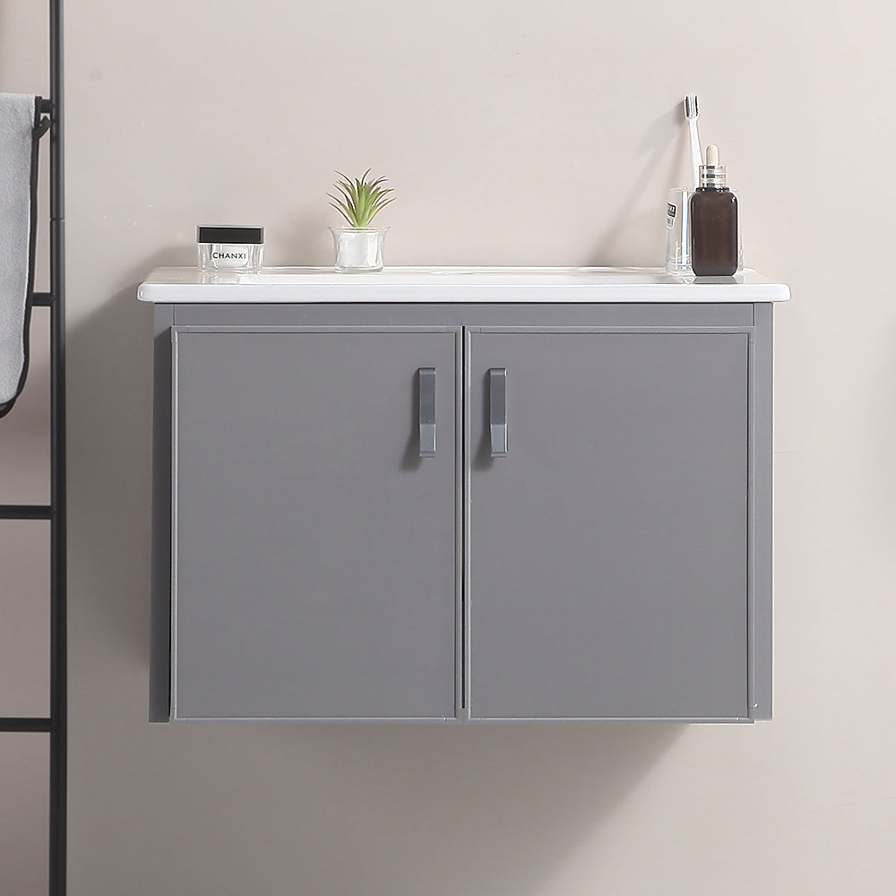 24' Metal Wall Mounted Bathroom Vanity With White Sink,Two Metal Soft Close Cabinet Doors, Metal,Excluding Faucets,Grey Grey Aluminum