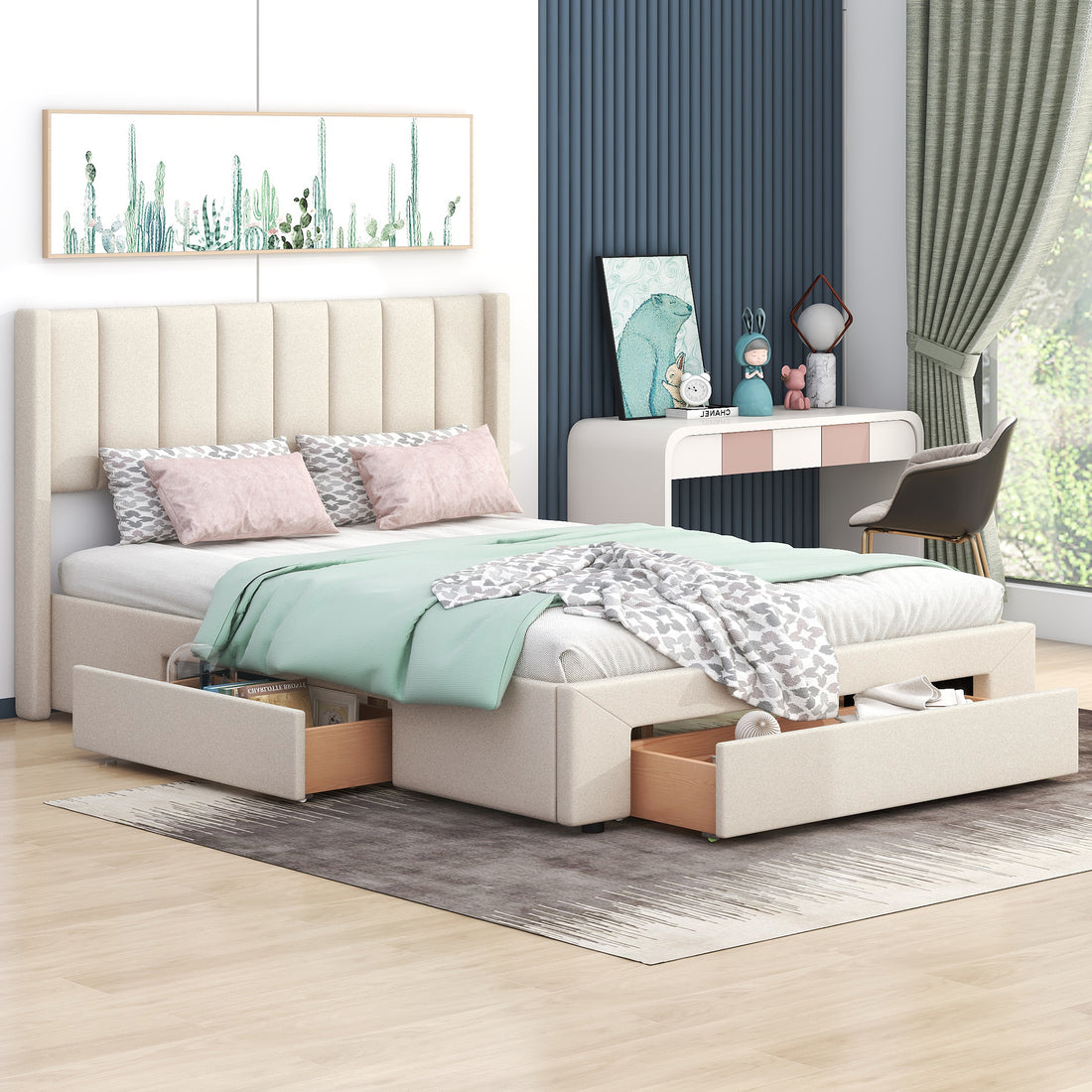 Queen Size Upholstered Platform Bed With One Large Drawer In The Footboard And Drawer On Each Side,Beige Box Spring Not Required Queen Beige Wood Bedroom Bed Frame Linen Upholstered