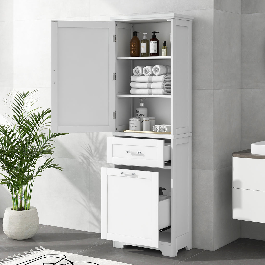 Tall Bathroom Storage Cabinet, Freestanding Storage Cabinet With Two Different Size Drawers And Adjustable Shelf, Mdf Board With Painted Finish, White White Mdf